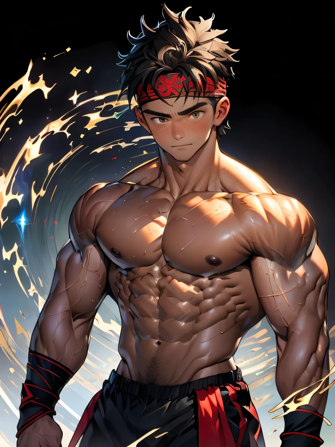 (Masterpiece, Best quality 19 year old boy, black background), solo, Young, boy, muscler, Shirtless, topless, (Dark Short straight hair, under cut, brown eyes), (torn clothes, red headband, ((black wristband))), Vivid colors, (hot Abs:1.2, abs!, big abs, big breast:1.2, chest!, muscler upper arms), (topless male), muscler!, muscler body, (aura power:1.4), detailed face, detailed muscle, (((A magical mystical aura, action, rippling muscles)))
