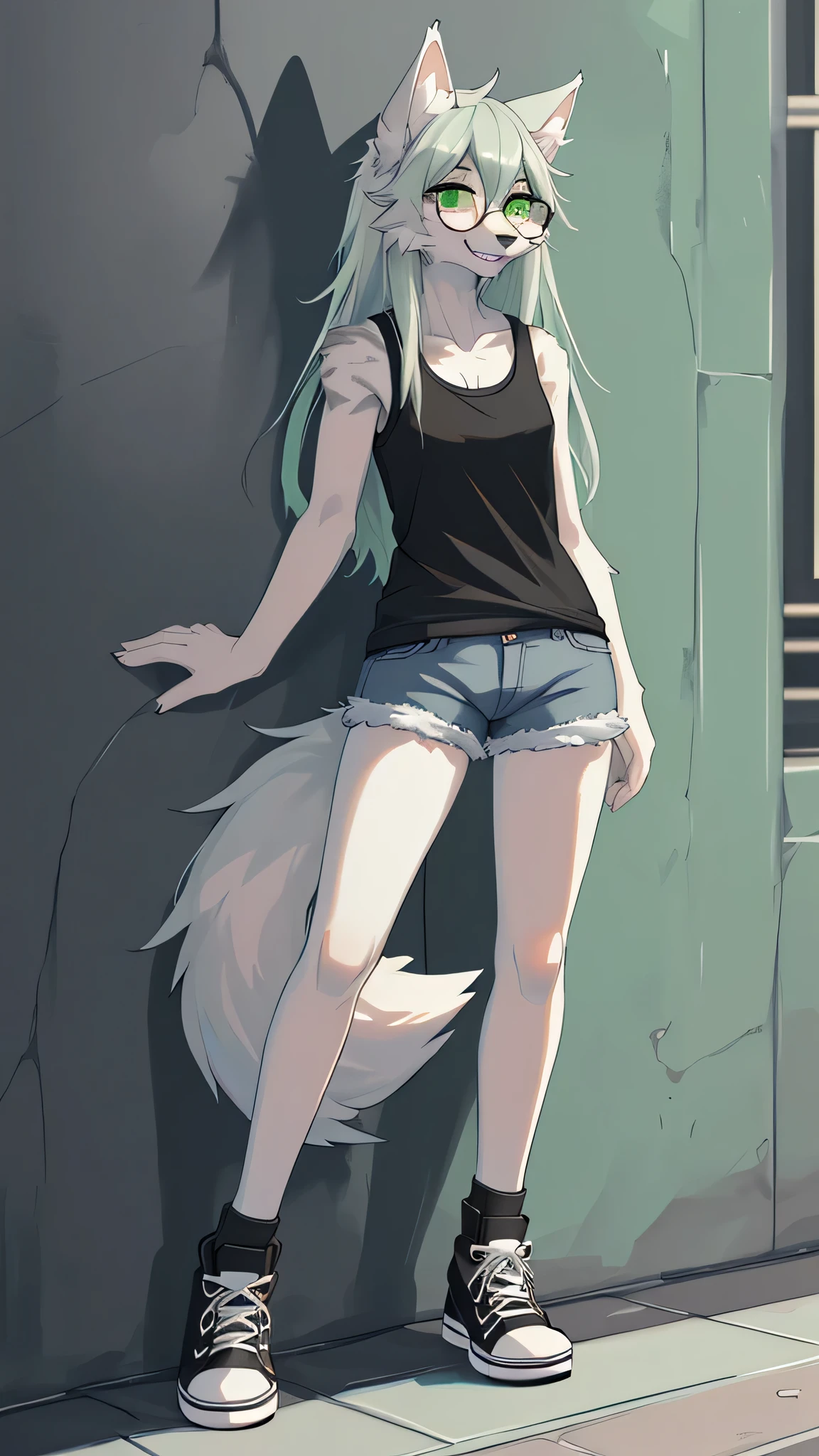 Solo:1.2, By claweddrip, by hyattlen, by fumiko, a cute female gray wolf, long hair, white green hair, green eyes, long white whiskers, cute gray tabby wolf ears, gray tabby wolf tail, tall, slender, wearing Jean shorts, absolute territory, scuffed black converse shoes, green tank top, large round clear glasses, high quality, fluffy ear tips, looking_away:1.3, leaning on a wall, in a vibrant city street, smiling, wolf teeth, full body in frame