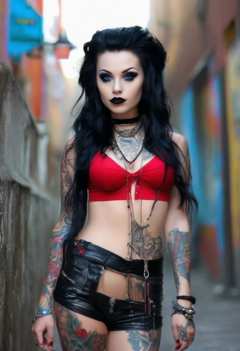 Hyper realistic photo perfect goth vampire, sexy seductive facial features, tattooed face, smooth snow white skin, thin curved black eyebrows. Black eyeliner, dark black eye shadow, Florence neon blue eyes, crazy eyes, thick black lipstick, curved lips,, extremely detailed long black wavy hair, vibrant red highlights in hair, earrings, lip piercings, choker collar with chains, complete fullbody, larg voluptuous breast, devil tattooed breast,devil tattooed Sternum underboob,devil tattooed stomach, slim waist, toned hips, toned thighs, devil tattooed back, devil tattooed hips, age vagina, perfect pussy, thick toned ass, devil tattooed vagina, devil tattooed ass,