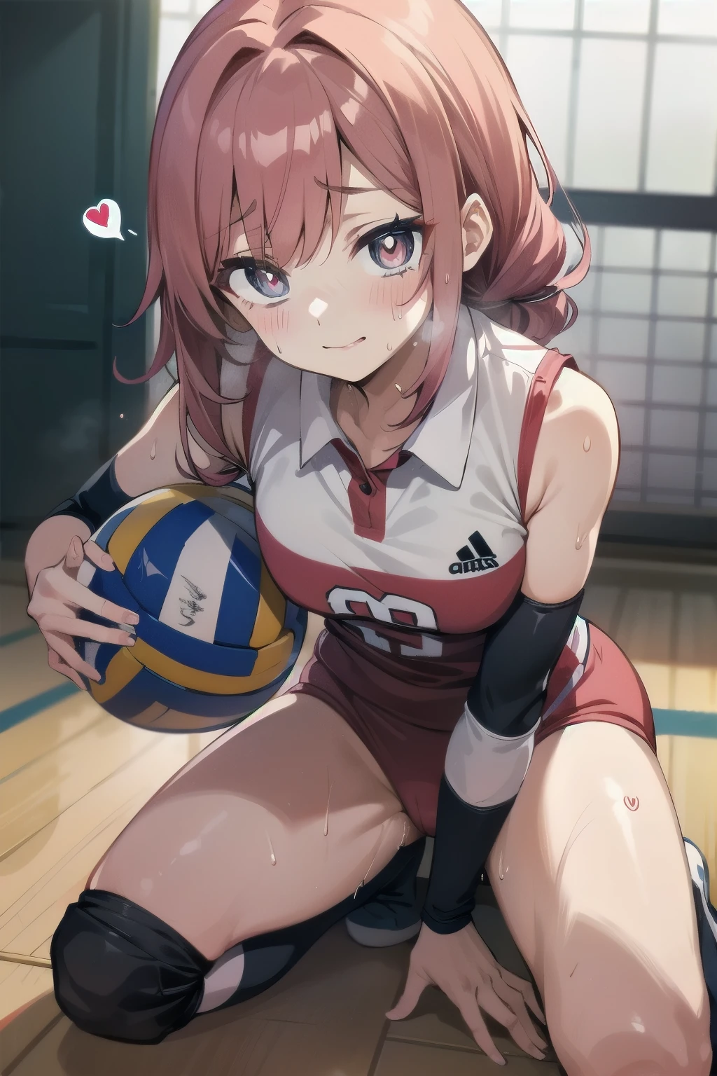 unity 8k wallpaper, anatomically correct, (((masterpiece))), (((best quality))), (((ultra detailed))), (((high-resolution))), ((Ultimate cutie)), perfect hands, perfect finger, (((good anatomy))), detailed beautiful face, shiny hair, (((gyaru))), (potbelly), (curvy), medium breasts, ((Thick thighs)), (((solo))), ((seductive smile)), (((blush))), ((embarrassed expression)), (Eyes are heart marks), (heart shaped pupils), ((trembling)),
BREAK, (((sit astride the perfectly spherical shape 6-inch volleyball))), (((Straddling a perfectly spherical 6" volleyball))), (((Perfectly spherical 6" volleyball fits perfectly crotch))), BREAK, (((Rub the Perfectly spherical 6" volleyball against crotch))), (masturbation),
BREAK, adidas, (Collared volleyball uniforms), sleeveless, ((buruma)), ((kneepad)), ((pussy juice stained)), (elbow pad), (((sweat))), (((covered in sweat))), ((deep breathing)), in Volleyball Court, indoor, lighting, looking at viewer, full body, (spoken heart)