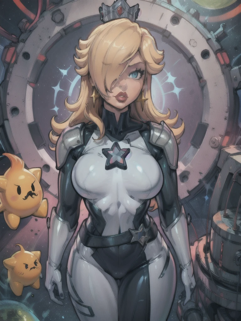 a milf rosalina in a space suit with a star on her chest, star guardian inspired, portrait of a curvy female anime hero, outlined!!!, line art!!, female protagonist, concept art!!, detailed fanart, body suit armor girl, 