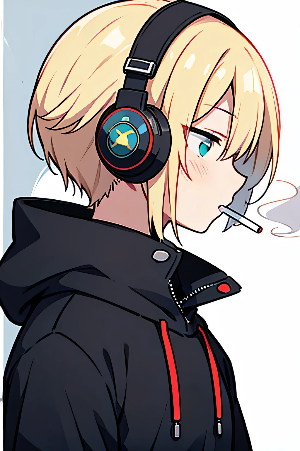 ((highest quality)), ((masterpiece)), (be familiar with), perfect face,white half-up hair,green mesh blonde、Smoke a cigarette、cool black hoodie,headphones,black gloves,turtleneck,alone,icon、profile、Right beside、Expressionless、