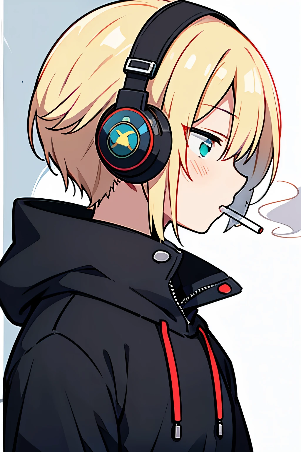 ((highest quality)), ((masterpiece)), (be familiar with), perfect face,white half-up hair,green mesh blonde、Smoke a cigarette、cool black hoodie,headphones,black gloves,turtleneck,alone,icon、profile、Right beside、Expressionless、
