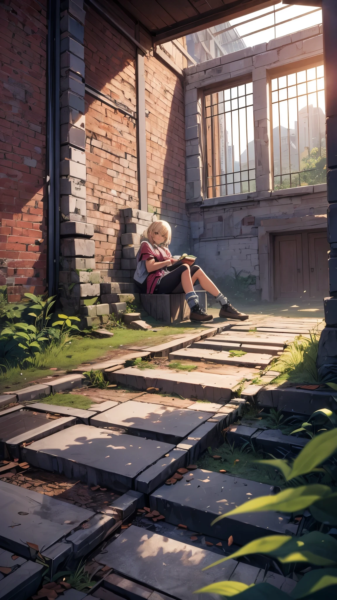 (best quality,4k,highres,ultra-detailed,realistic:1.2) inside the closed maze,ruins,falling buildings,collapsed houses,one 20years old woman,blonde short hair,sitting on the floating house