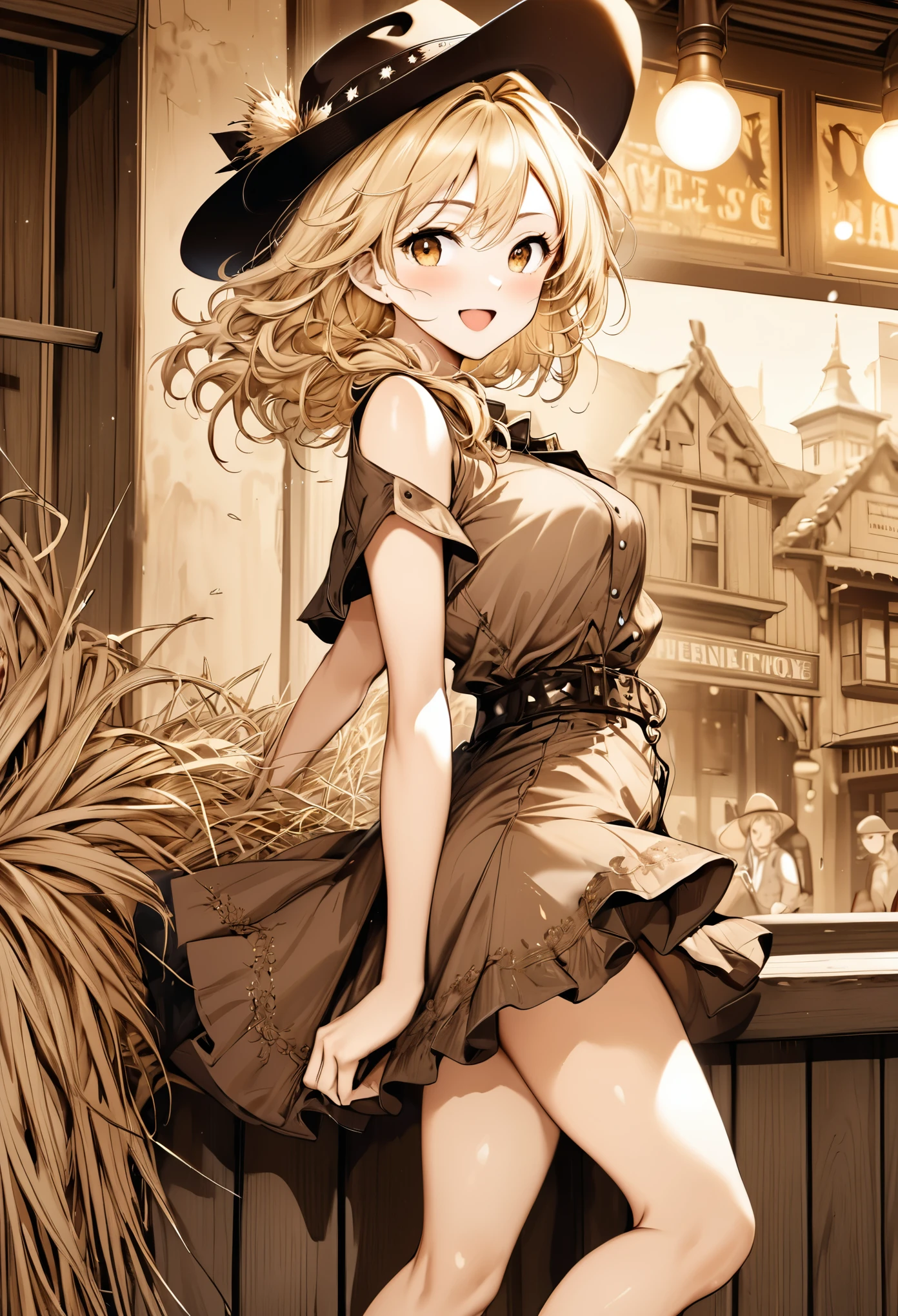 best quality, super fine, 16k, incredibly absurdres, extremely detailed, delicate, flashy and dynamic depiction, beautiful cute woman wearing western hat, excited look, blond messy hair, western fashion, superlative body proportion, western movie style townscape, leaning against the wall of a bar, tumbleweed, only background simple sepia color