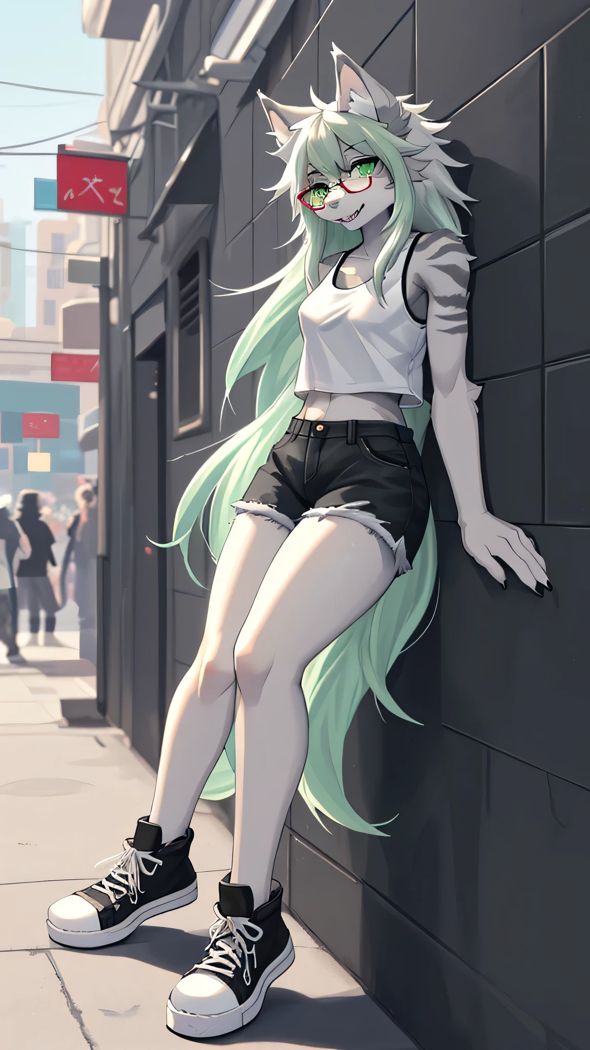 Solo:1.2, By claweddrip, by hyattlen, by fumiko, a cute female gray wolf, long hair, white green hair, green eyes, long white whiskers, cute gray tabby wolf ears, gray tabby wolf tail, tall, slender, wearing Jean shorts, absolute territory, scuffed black converse shoes, green tank top, large round clear glasses, high quality, fluffy ear tips, looking_away:1.3, leaning on a wall, in a vibrant city street, smiling, wolf teeth, full body in frame