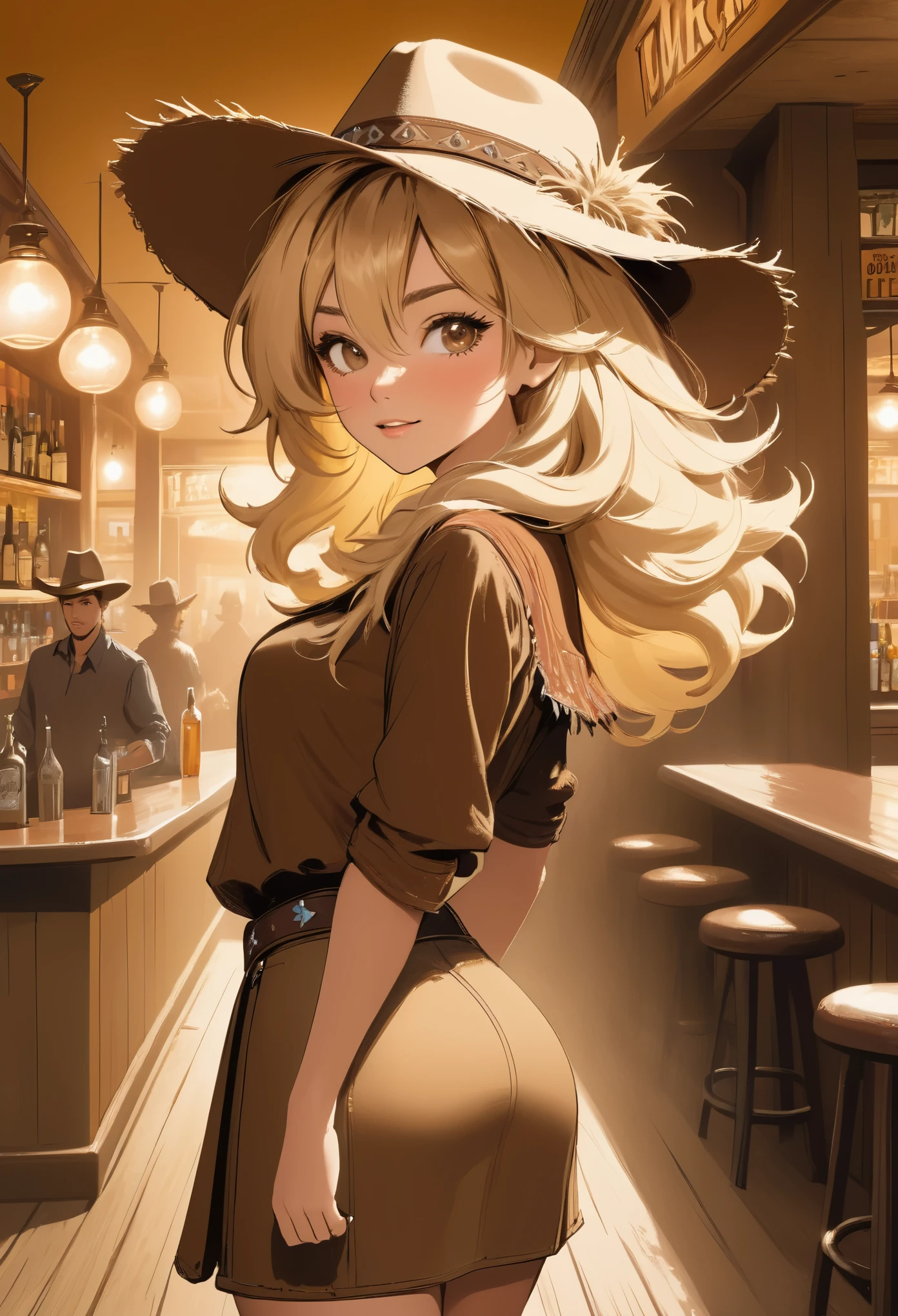 best quality, super fine, 16k, incredibly absurdres, extremely detailed, delicate, flashy and dynamic depiction, beautiful cute woman wearing western hat, excited look, blond messy hair, western fashion, superlative body proportion, western movie style townscape, leaning against the wall of a bar, tumbleweed, only background simple sepia color