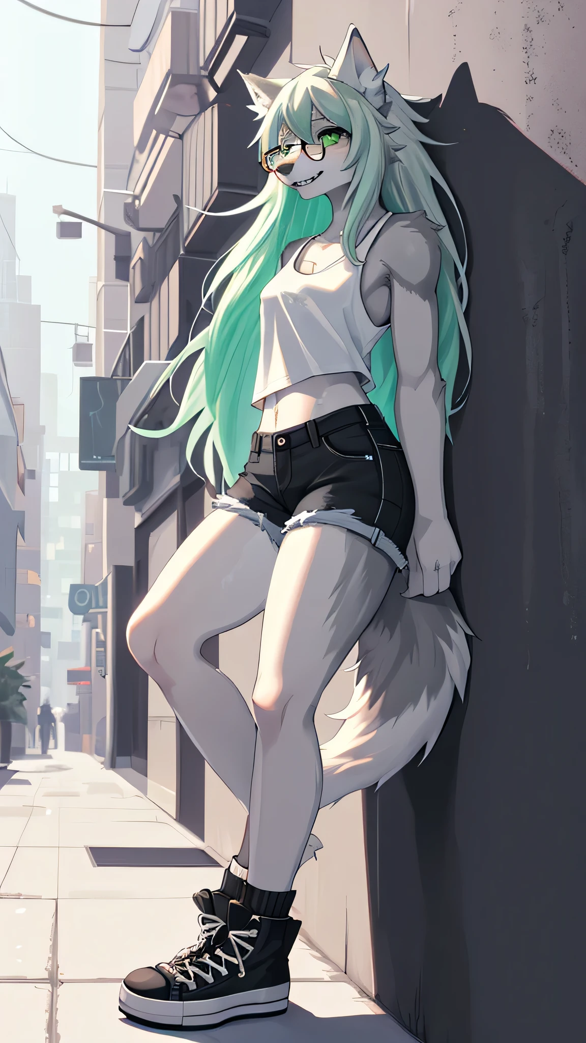 Solo:1.2, By claweddrip, by hyattlen, by fumiko, a cute female gray wolf, long hair, white green hair, green eyes, long white whiskers, cute gray tabby wolf ears, gray tabby wolf tail, tall, slender, wearing Jean shorts, absolute territory, scuffed black converse shoes, green tank top, large round clear glasses, high quality, fluffy ear tips, looking_away:1.3, leaning on a wall, in a vibrant city street, smiling, wolf teeth, full body in frame