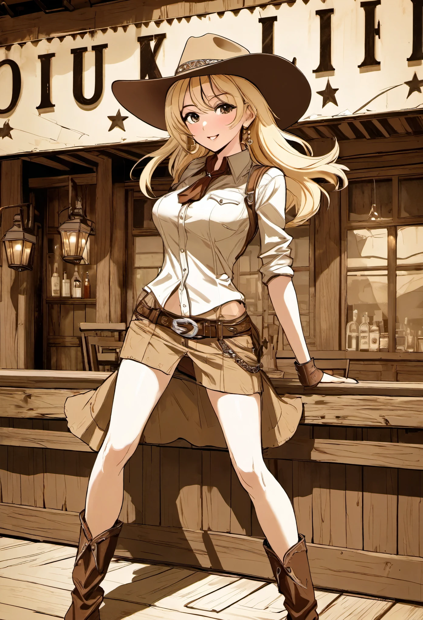 best quality, super fine, 16k, incredibly absurdres, extremely detailed, delicate, flashy and dynamic depiction, beautiful cute woman wearing western hat, excited look, blond messy hair, western fashion, superlative body proportion, western movie style townscape, leaning against the wall of a bar, tumbleweed, only background simple sepia color