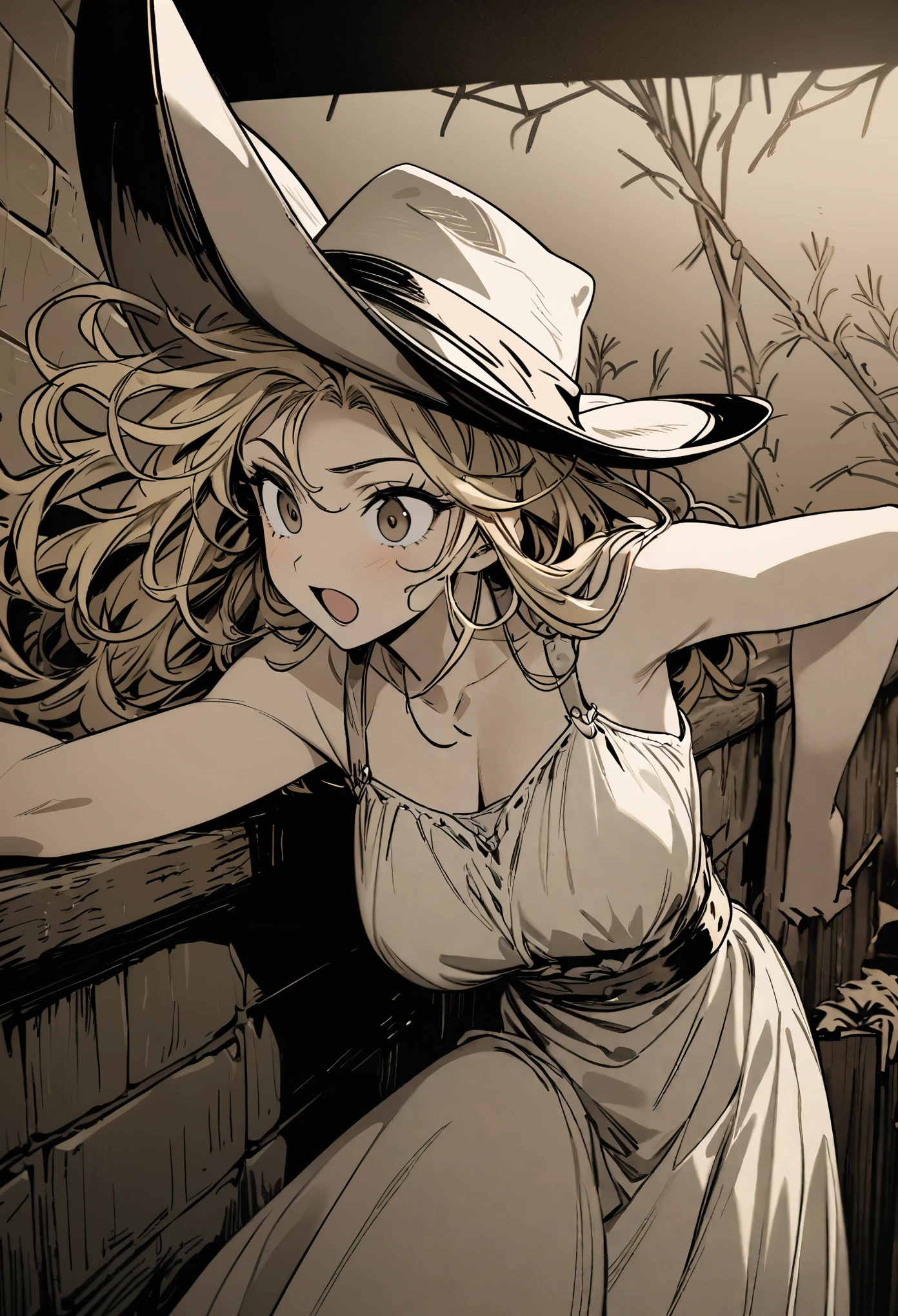 best quality, super fine, 16k, incredibly absurdres, extremely detailed, delicate, flashy and dynamic depiction, beautiful cute woman wearing western hat, excited look, blond messy hair, western fashion, superlative body proportion, western movie style townscape, leaning against the wall of a bar, tumbleweed, only background simple sepia color