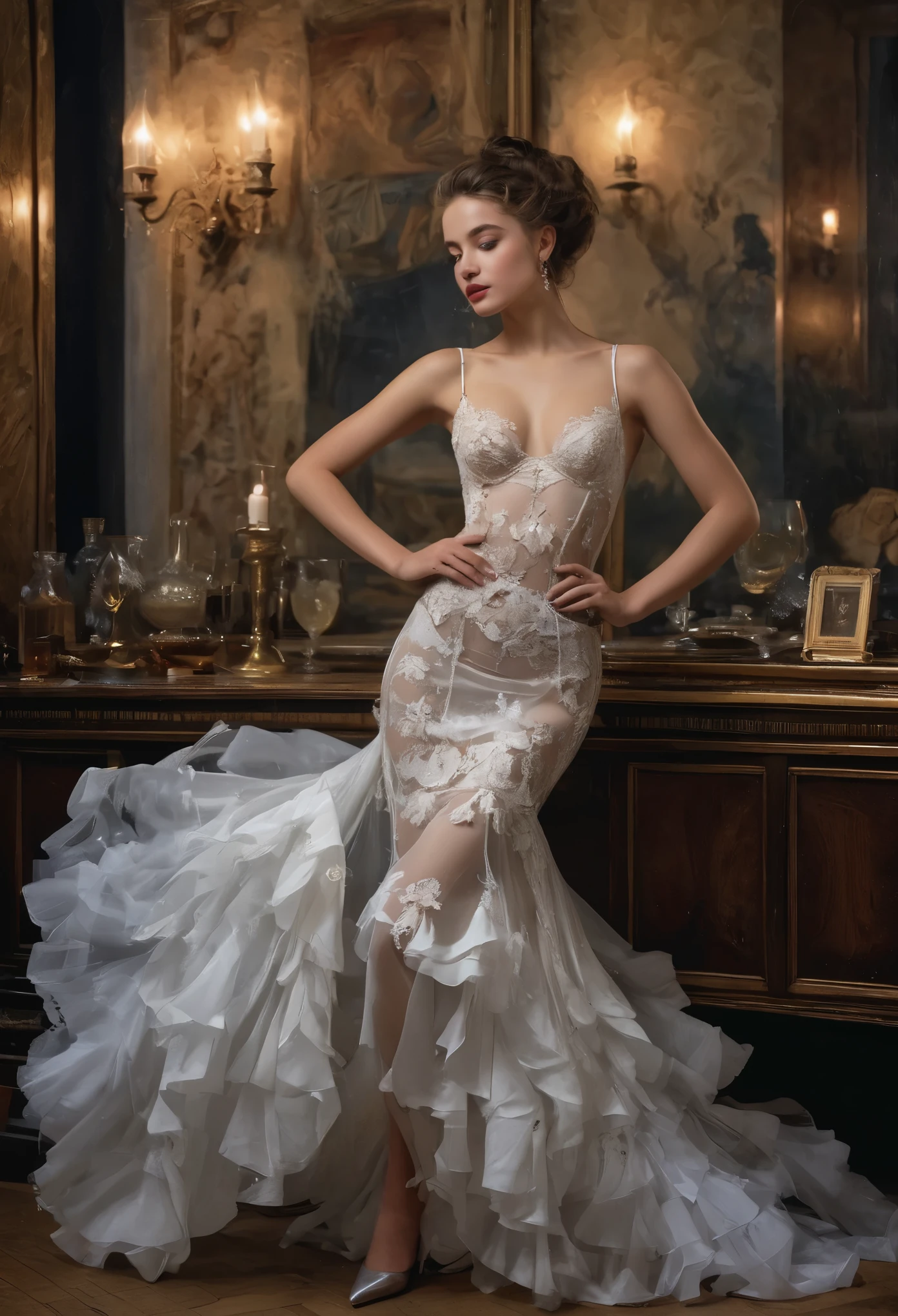 (highres,masterpiece:1.2),(realistic:1.37)"(best quality, highres, ultra-detailed, realistic) the dimly lit ambiance of 19th-century Paris, amidst the swirling smoke of cigars and the dulcet tones of live music, there stands a captivating figure—a -yeld caet dancer. Her portrait exudes an aura of allure and elegance, capturing the essence of a bygone era.

With an enigmatic smile playing upon her lips, she gazes into the distance with eyes that sparkle like diamonds, reflecting the flickering candlelight. Her delicate features are framed by cascades of ebony curls, styled in the fashion of the times, adorned with a single, crimson rose nestled amidst the dark waves.

Draped in silken fabrics that seem to shimmer with every graceful movement, she embodies both youth and sophistication. The curves of her slender frame are accentuated by the intricate lace and satin of her costume, a testament to the meticulous craftsmanship of Parisian couture.

In her poised stance, there is a hint of defiance mingled with vulnerability—a young woman navigating the complexities of life in the bustling metropolis. Yet, beneath the surface, lies a spirit untamed, a spirit that finds freedom in the rhythm of the dance, and solace in the whispered secrets of the night.

Captured in brushstrokes that evoke the romance and mystique of Parisian cabaret culture, this portrait immortalizes a fleeting moment of youth and beauty—a testament to the timeless allure of the belle époque.





