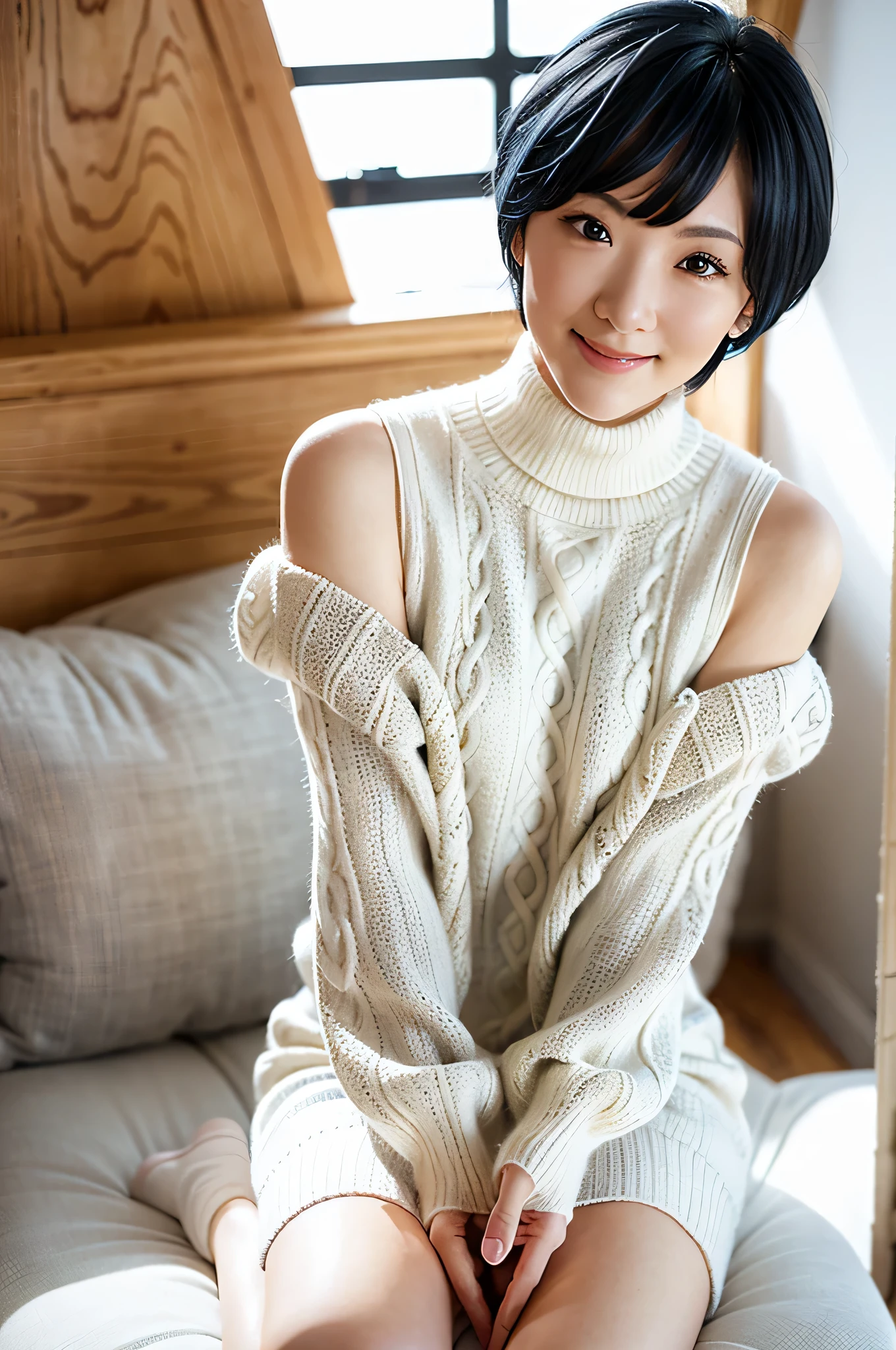 full body, (turtleneck cable knit oversize sweater dress:1.2), wool, 1girl,solo,
(8k, RAW photo, best quality, masterpiece:1.3),(realistic, photo-realistic:1.37),realistic skin texture,(photorealistic:1.3),(hyperrealistic:1.2), (short hair:1.4) , leaning forward, (white colored clothes:1.7), (bright-blue hair:1.4), (seducting smile:1.4), (detached sleeves:1.4)