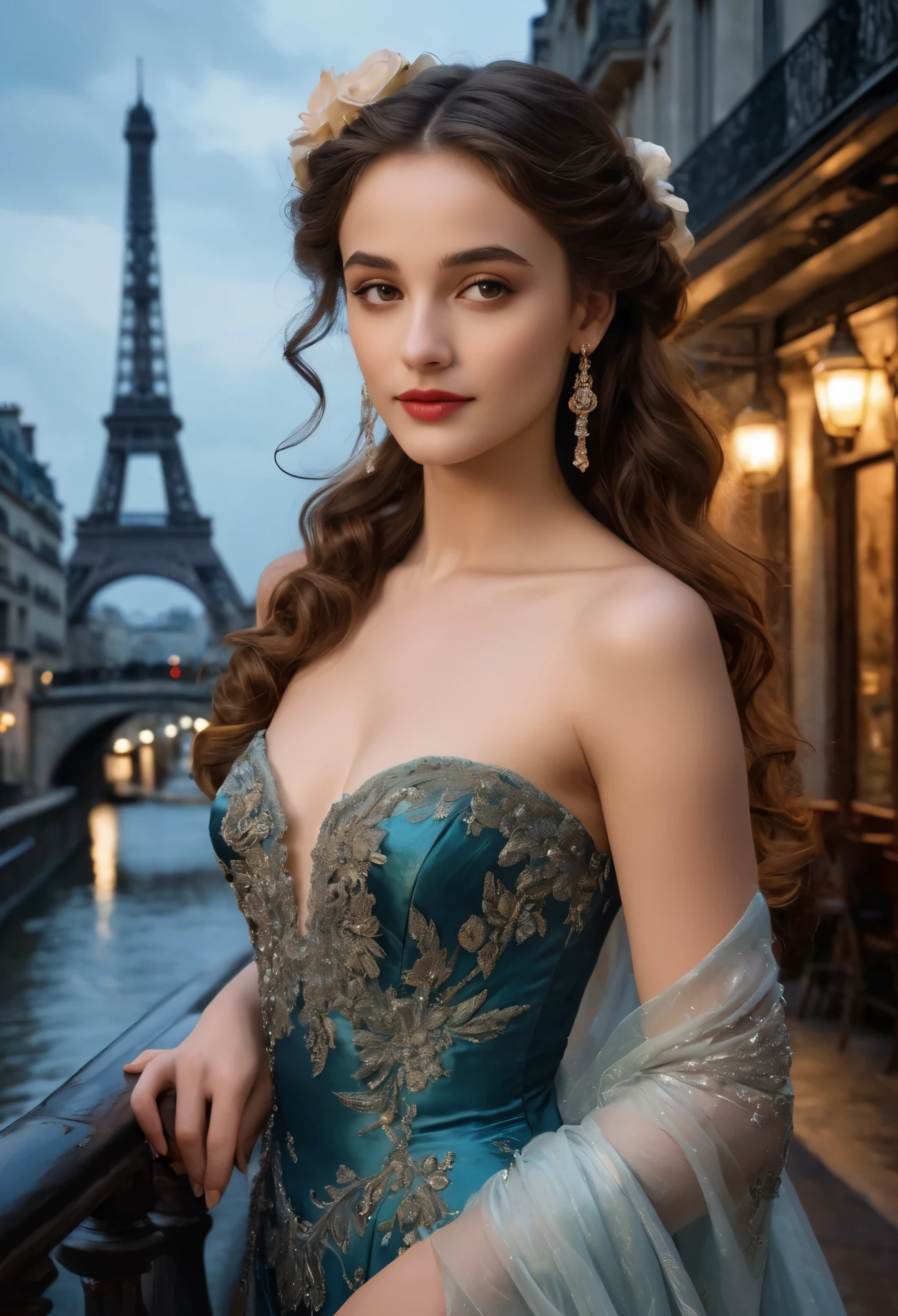 (highres,masterpiece:1.2),(realistic:1.37)"(best quality, highres, ultra-detailed, realistic) the dimly lit ambiance of 19th-century Paris, amidst the swirling smoke of cigars and the dulcet tones of live music, there stands a captivating figure—a 17-year-old cabaret dancer. Her portrait exudes an aura of allure and elegance, capturing the essence of a bygone era.

With an enigmatic smile playing upon her lips, she gazes into the distance with eyes that sparkle like diamonds, reflecting the flickering candlelight. Her delicate features are framed by cascades of ebony curls, styled in the fashion of the times, adorned with a single, crimson rose nestled amidst the dark waves.

Draped in silken fabrics that seem to shimmer with every graceful movement, she embodies both youth and sophistication. The curves of her slender frame are accentuated by the intricate lace and satin of her costume, a testament to the meticulous craftsmanship of Parisian couture.

In her poised stance, there is a hint of defiance mingled with vulnerability—a young woman navigating the complexities of life in the bustling metropolis. Yet, beneath the surface, lies a spirit untamed, a spirit that finds freedom in the rhythm of the dance, and solace in the whispered secrets of the night.

Captured in brushstrokes that evoke the romance and mystique of Parisian cabaret culture, this portrait immortalizes a fleeting moment of youth and beauty—a testament to the timeless allure of the belle époque.






