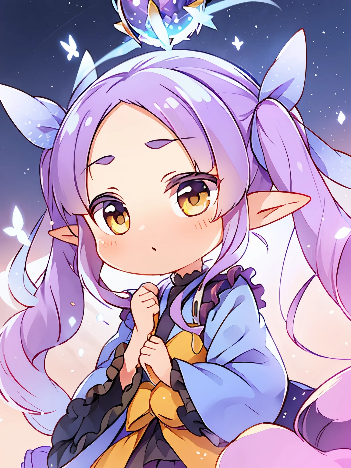 Light purple hair, Center-parted bangs, Big yellow eyes, Chibi,Pointy Ears,blue hair ornament,