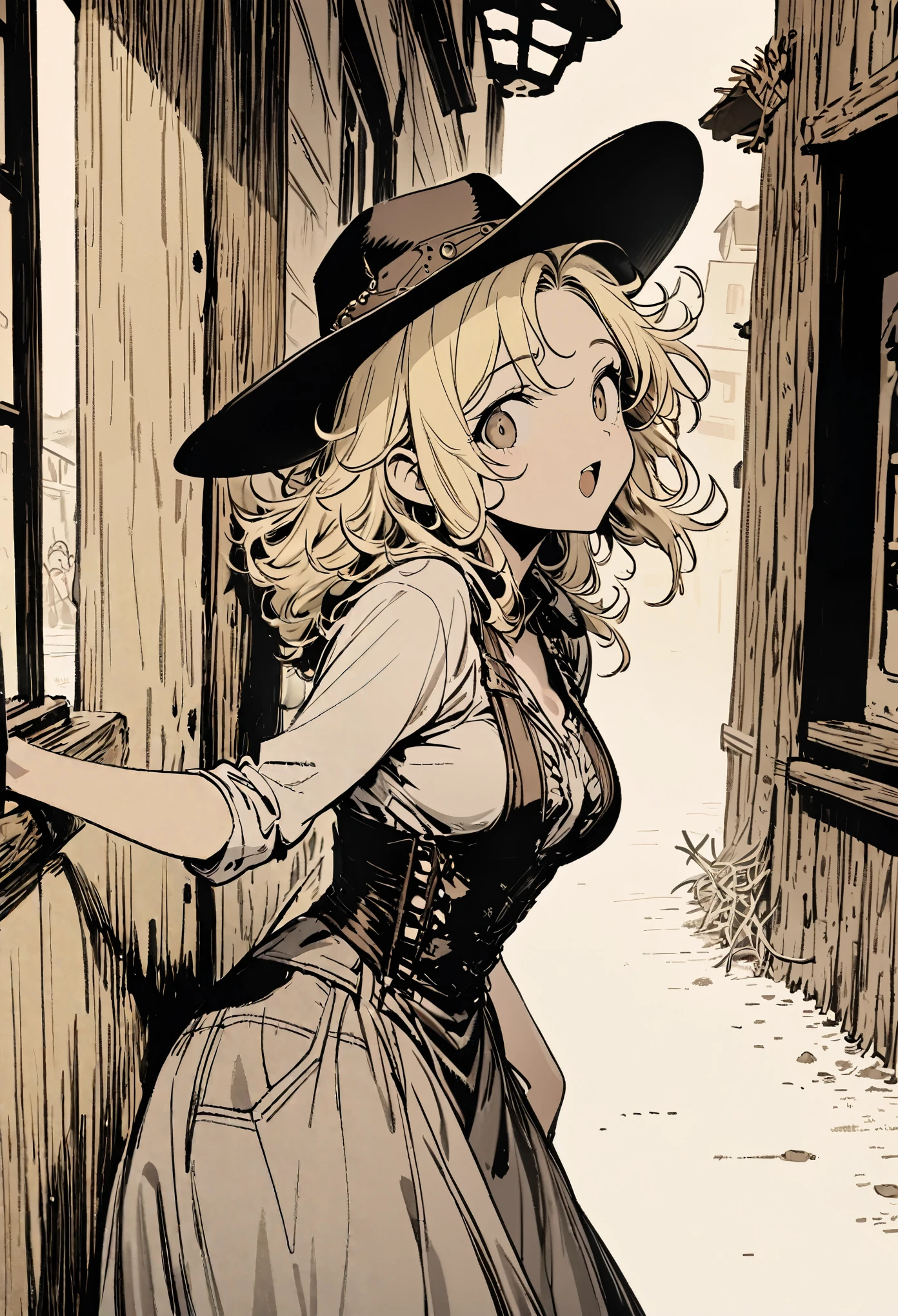 best quality, super fine, 16k, incredibly absurdres, extremely detailed, delicate, flashy and dynamic depiction, beautiful cute woman wearing western hat, excited look, blond messy hair, western fashion, superlative body proportion, western movie style townscape, leaning against the wall of a bar, tumbleweed, only background simple sepia color