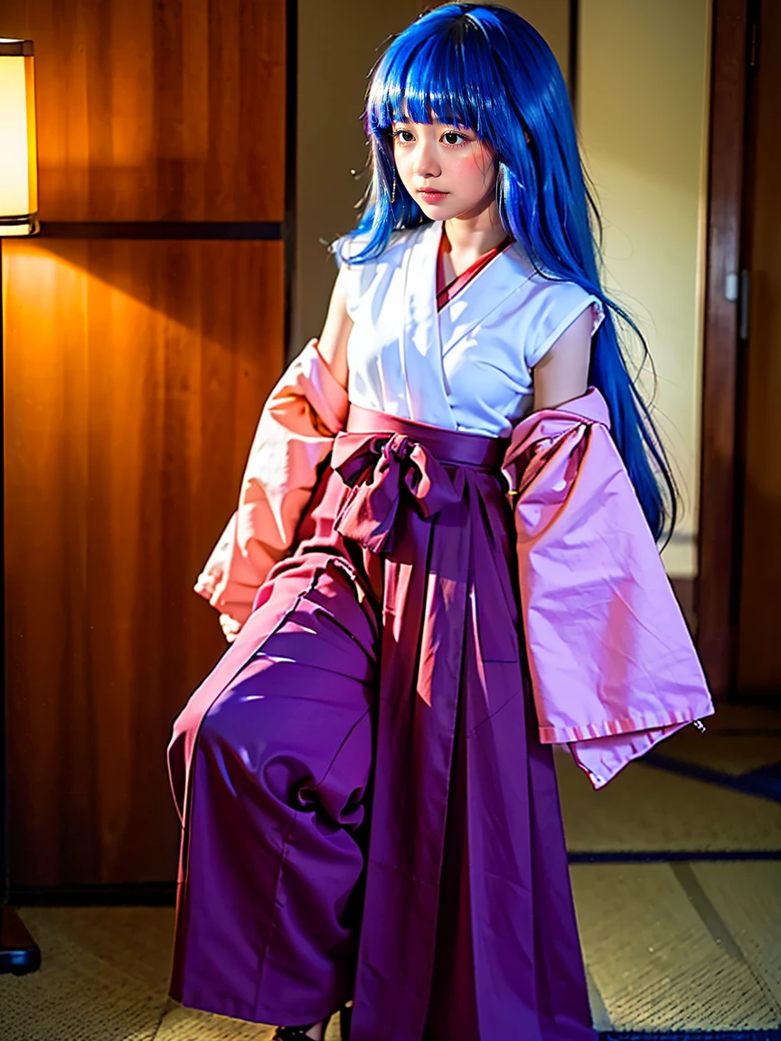 (1 lady), (Best quality at best:1.4), (ultra - detailed), (extremely detailed CG unified 16k), A Beautiful Girl: 1.4, Sharp Focus: 1.2, very detailed, High-definition RAW color photo, professional photoshooting, amazing face and eyes, (amazingly beautiful girl), ((furude rika, girl)), ((japanese clothes, hakama, hakama skirt, detached sleeves, miko, skirt, red hakama)), standing, (Dark and stylish inside temple), (look from down), realistic cinematic face, head to feet long wide zoomed out view, full body long view, photorealistic, ((realistic natural blue hair style, bangs, long hair, purple eyes, blush)), extremely beautiful face, perfect beauty, pout mouth, Highly Detailed Face and Skin Texture, Detailed Eyes, Double Eyelids, Small Breasts, cleavages, western, (masterpiece), best quality, high resolution, extremely detailed, blurred background, depth of field, cinematic lighting, amazing legs, high heels, clear and well-cared skin, drinking red wine