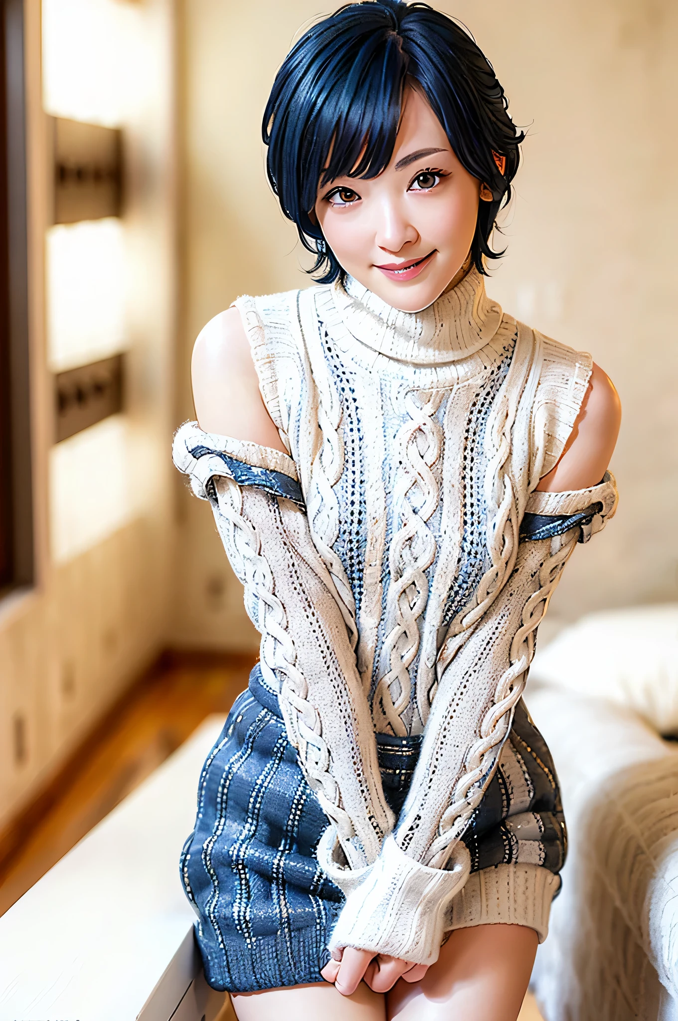 full body, (turtleneck cable knit oversize sweater dress:1.2), wool, 1girl,solo,
(8k, RAW photo, best quality, masterpiece:1.3),(realistic, photo-realistic:1.37),realistic skin texture,(photorealistic:1.3),(hyperrealistic:1.2), (short hair:1.4) , leaning forward, (white colored clothes:1.7), (bright-blue hair:1.4), (seducting smile:1.4), (detached sleeves:1.4)