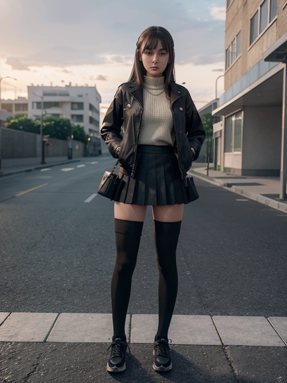 there is a woman in a skirt and a jacket posing for a picture, Surrealism female students, Surrealism female students, Realistic , thighhighs and skirt, photorealistic anime girl rendering, 3 d anime realistic, Smooth anime CG art, photorealistic full body, Photorealistic anime, Realistic anime 3 D style, photorealistic perfect body, wearing skirt and high socks