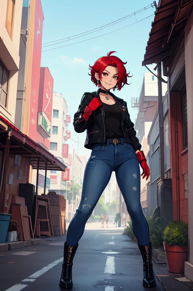 a Sukeban girl in the art style of persona5 and in the art style of street of rage 4, delinquent, (Sukeban), mature female, blush, mature, older woman, 26 years old, Sukeban teacher outfit, ((((1girl, solo female, solo, solo focus:1,9)))++++, choker, Sukeban teacher, Sukeban fighter, long sleeves, open jacket, blue jacket,( jeans)+++, light skin tone female, (full body)+++++, jacket, biker jacket, tape, arm support, gloves, red gloves, bridal gauntlets, nail polish, boots, black footwear, fighter outfit, (full body)+++++++, hourglass, mature face, cheeky smile, cheeky face, wrinkles, (((((red hair, short hair, earrings, ear piercings)))), red eye, fighting art, Martial arts, standing, fighting stance, fight, fighting), extra colors, 2D, megapixel, perfectionism, accent lighting, full HD , (Masterpiece:1.2), (full-body-shot:1),(cowboy shot:1.2), (Highly detailed:1.2),(anime Detailed Face:1.2), Colorful, A detailed eye, (Detailed landscape:1.2), (natural lighting:1.2), ((Sukeban school teacher)) by Vincent Di Fate: Aidyllery, Anamorphic Shot, rule of thirds, face by Artgerm and WLOP, ((street of rage 4 city backround)), fictive city backround in the style art of street of rage 4, gainax anime style, studio gainax art, studio gainax illustration, inspired by Masamune Shirow, studio gainax, by Masamune Shirow, beautiful charcter from evangelion, street of rage 4 art, street of rage 4 illustration,