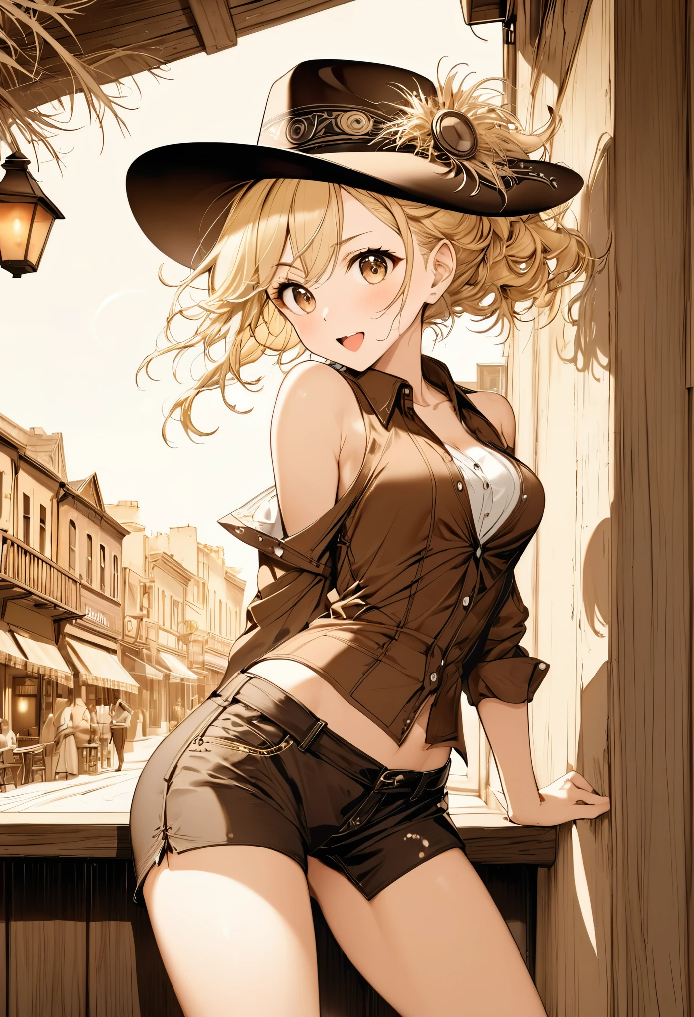best quality, super fine, 16k, incredibly absurdres, extremely detailed, delicate, flashy and dynamic depiction, beautiful cute woman wearing western hat, excited look, blond messy hair, western fashion, superlative body proportion, western movie style townscape, leaning against the wall of a bar, tumbleweed, only background simple sepia color