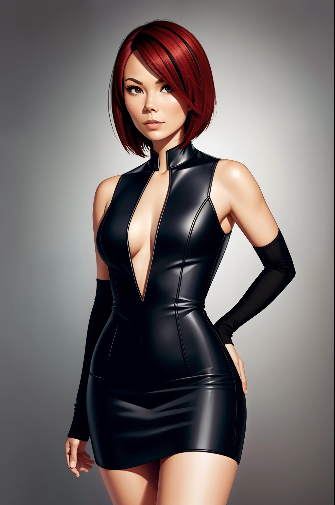 Lexa Doig, skintight bodycon dress, bobcut black hair with red highlights, short hemline