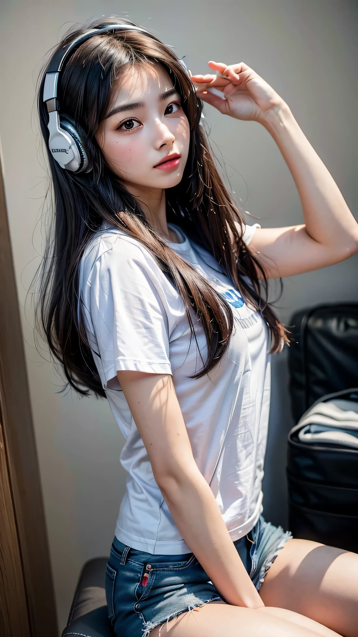 Best quality: 1.4, high resolution, perfect lighting, (1 girl), 20 years old, headphones, t-shirt, shorts, bottom angle