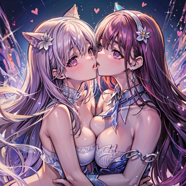 highest quality,wonderful,Tabletop,delicate,超A high resolution,Ultra-detailed,Intricate details,beautiful detailed,8k resolution,(Highly detailed CG Unity 8k wallpaper),Sharp focus,((No text)),breast recognition,Huge naked breasts,Areola naked,Bare breasts explode,Vivid, naked breasts,exposed the chest,High Transparent Wet Tulle Light Pink Mini Bikini,Highly transparent wet tulle light pink micro bikini and highly transparent wet tulle light pink micro bikini,Tongue Stock,compensate,Cheerfulness,Reflective plate,Ahegao,Pink Eyes,Heart Earrings,Two Girls,Female Pervert,Displaying the viewer,Hair Flowers,Long Hair,Multicolored Hair,Shiny Hair,barefoot,Bottomless,Thick thighs,barefoot,Looking at each other from the front、((A feminine kiss))、(((French kiss for women)))、women hugging each other,Push each other、Face to face、Gazing at each other、Watery eyes、Half-open lips、Intertwined2Tongue and person's tongue、beautiful、blush(0.2)、functional、Attractions、Trance、instigate、beauty、breast enhancement、Front lighting、、Photographed from the front, diagonally downwards、Precise drawing、Detail view、Accurate anatomy、Touching the breasts、