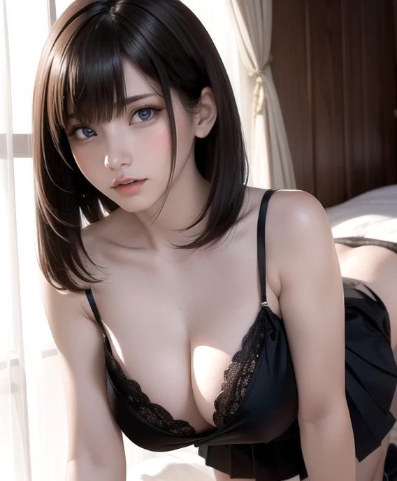 16 year old Japanese woman,(非常にdetailedな肌),curvy,,Beautiful big breasts,(Big Breasts),Pale skin,Pointed Chest,Erect nipples,(Fantasy art,Best image quality,Hyperrealist portrait,(8k),Ultra-realistic,最high quality, high quality, High resolution, high quality texture,Attention to detail,Beautiful details,detailed,Extremely detailed CG,detailed Texture,Realistic facial expressions,masterpiece,in front,dynamic,bold),short hair,(very thin hair),(Very soft hair),(Super Straight Hair:1.5),length, sleek bangs,Very light coppery amber hair,Hair on one eye、Wearing a black blouse、A depiction of a large bust that seems to burst、Grey short pleated skirt、Get down on all fours, Point your butt towards the viewer、showing panties