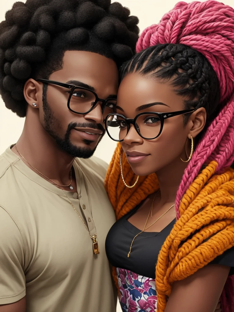 Imagem realista de um casal de cor negra sorrindo, se abracando, she with afro braids, he with shaved hair and black glasses, sem barba, com furo no queixo, sem brincos, com um fundo de natureza. Emphasize facial expressions and details, ensuring authenticity and a warm feeling, They're looking at each other.