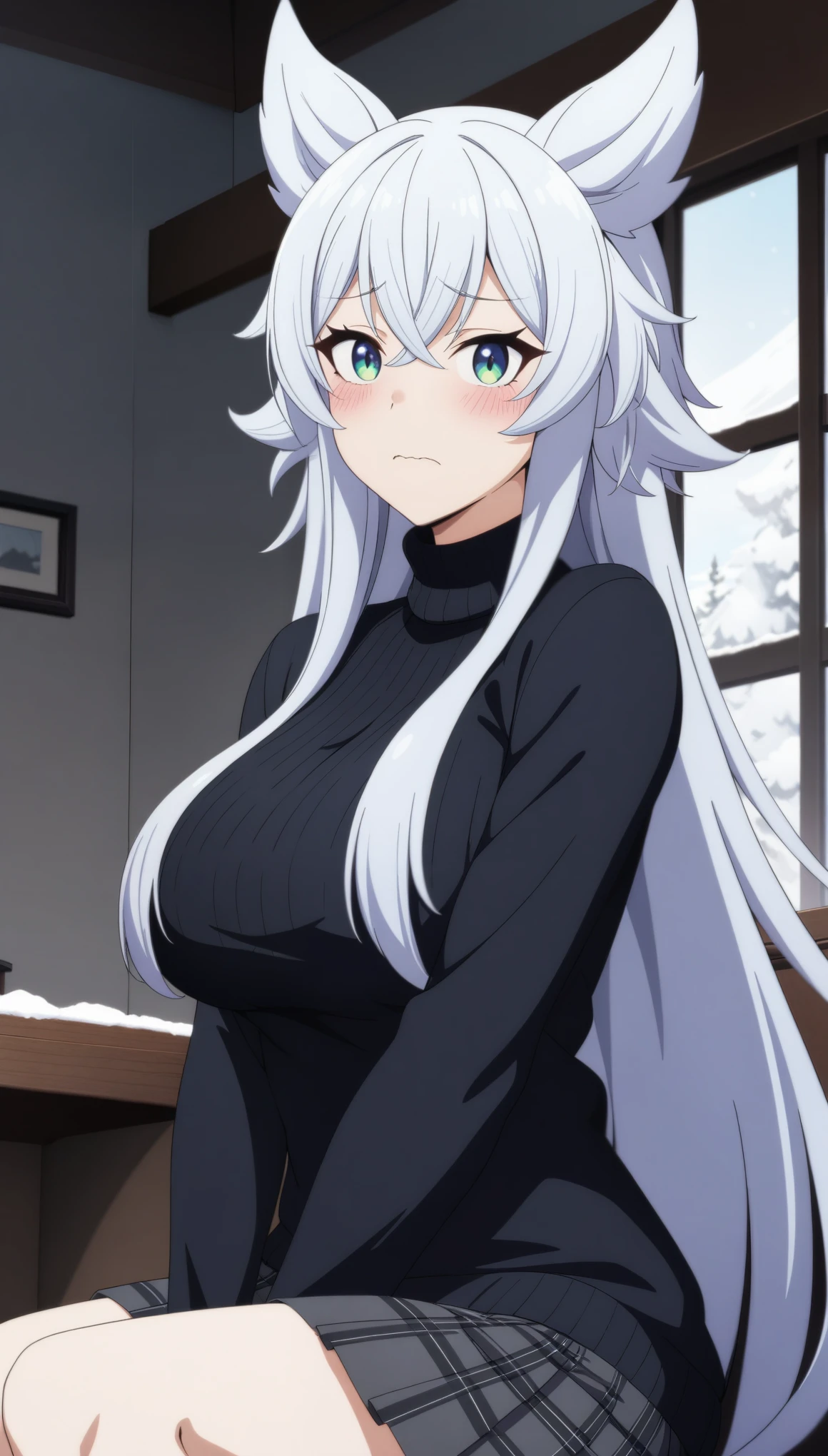 (masterpiece, best quality, very aesthetic, ultra detailed), intricate details, 1girl, fenrys, wolf girl, longhair, large breasts, black sweater, turtleneck sweater, pleated skirt, wavy mouth, blush, confused, sitting, indoors, window, snow, looking at viewer,