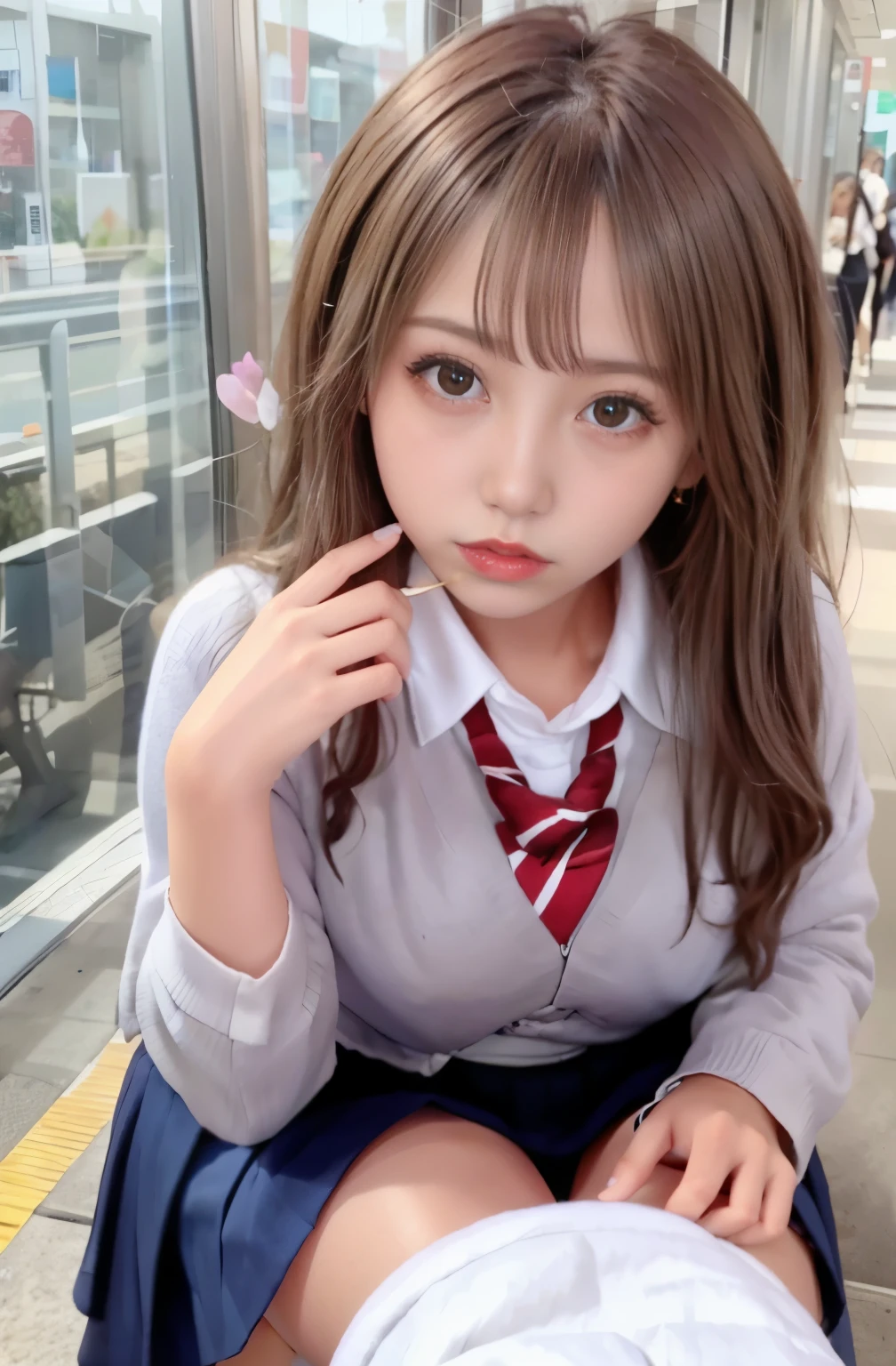 ((Open your mouth:1.2)),((Blowjob:1.5)),Gal, (Anatomically correct,),masterpiece, highest quality, RAW Photos, Photorealistic, face, Unbelievably ridiculous, beautiful girl, cute, Blunt bangs, Written boundary depth, High resolution, 超detailedな, detailed, ighly detailedd, extremely detailedd eye and face, Sharp pupils, Realistic student, Sharp focus, Cinema Lighting, pale and tanned skin,alone,woman,(Wavy Hair,Blonde),(panties), (school uniform:1.2),Loose socks, Spread your legs,Wide Hips, ((Sensual;1.5)), Glamour, Big Breasts,Sunburn marks on tanned skin