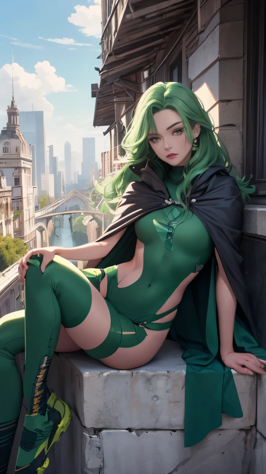 (Highly quality, masterpiece, detailed), city detailed scenario, city detailed background, 20 years old girl, solo, Polaris, green hair, bodysuit, cape, helmet, green crop top, thigh highs, sitting on top of a building, navel, perfect face, beautiful eyes, looking at the viewer, Sexy pose