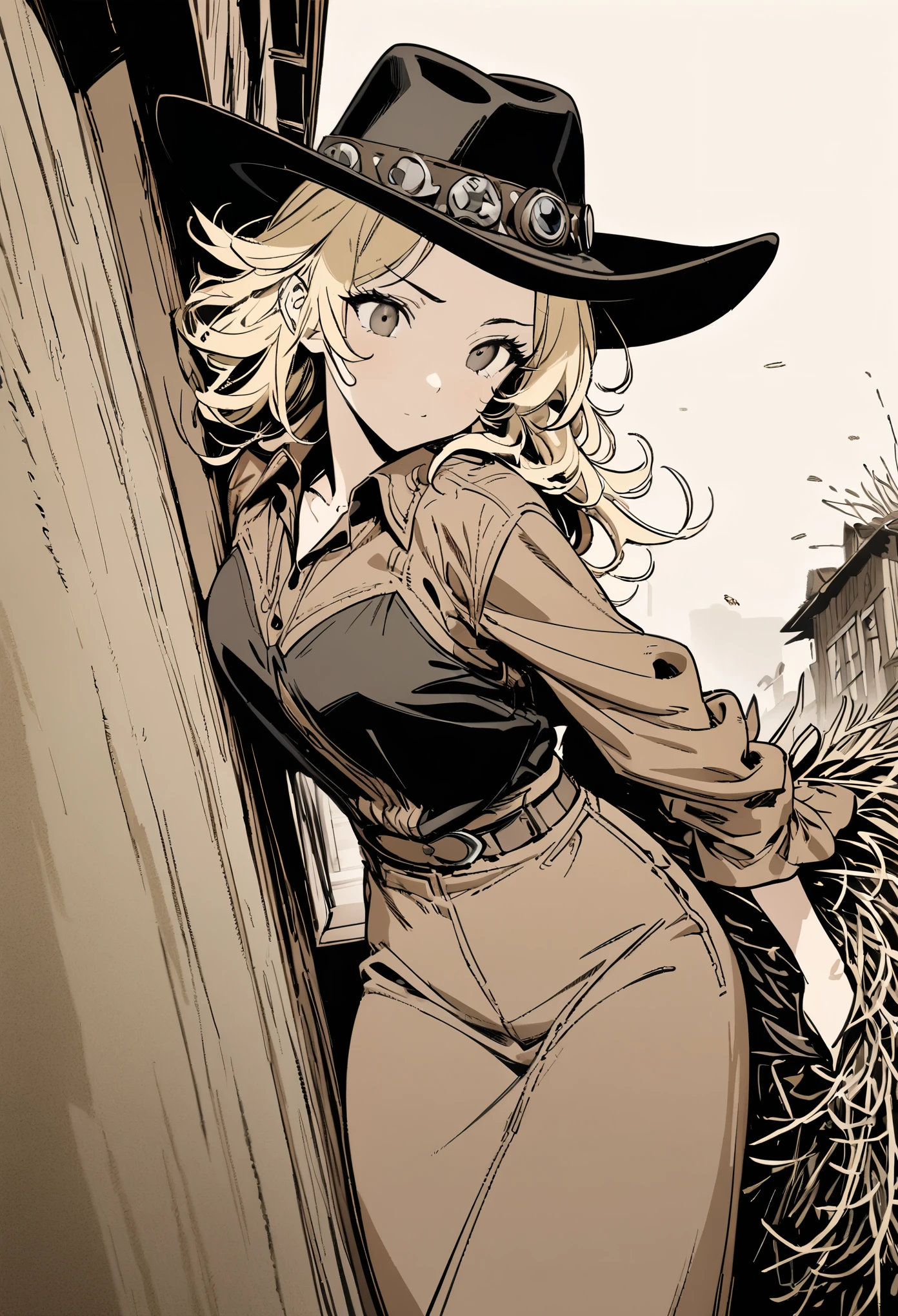 best quality, super fine, 16k, incredibly absurdres, extremely detailed, delicate, flashy and dynamic depiction, beautiful cute woman wearing western hat, excited look, blond messy hair, western fashion, superlative body proportion, western movie style townscape, leaning against the wall of a bar, tumbleweed, only background simple sepia color