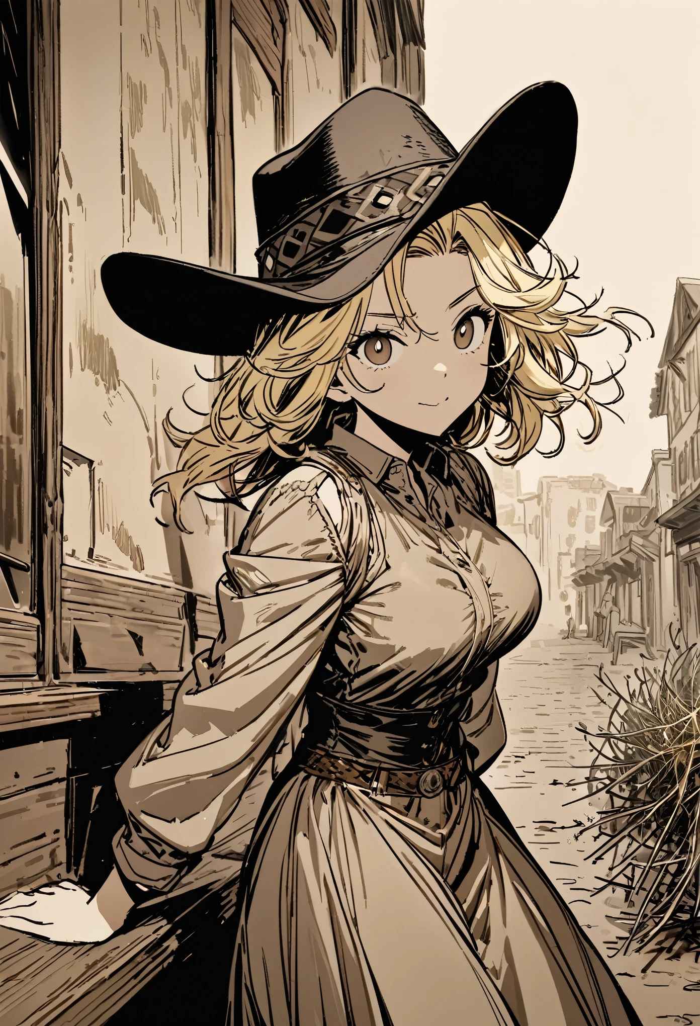 best quality, super fine, 16k, incredibly absurdres, extremely detailed, delicate, flashy and dynamic depiction, beautiful cute woman wearing western hat, excited look, blond messy hair, western fashion, superlative body proportion, western movie style townscape, leaning against the wall of a bar, tumbleweed, only background simple sepia color