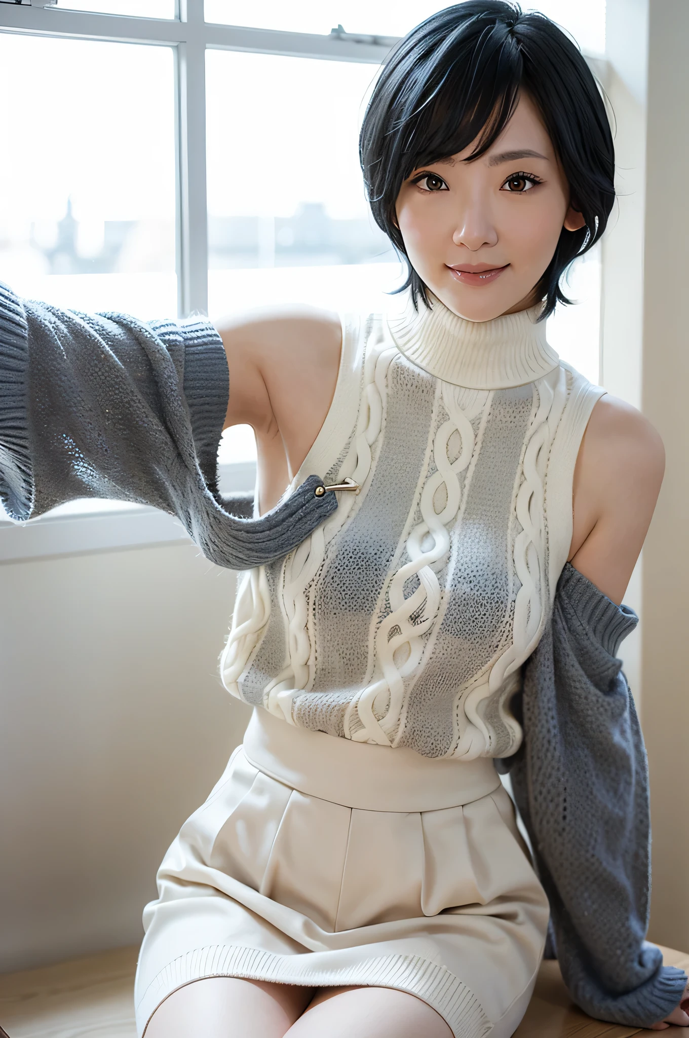 full body, (turtleneck cable knit oversize sweater dress:1.2), wool, 1girl,solo,
(8k, RAW photo, best quality, masterpiece:1.3),(realistic, photo-realistic:1.37),realistic skin texture,(photorealistic:1.3),(hyperrealistic:1.2), (short hair:1.4) , leaning forward, (white colored clothes:1.7), (bright-blue hair:1.4), (seducting smile:1.4), (detached sleeves:1.4), (narrow shoulders:1.7)