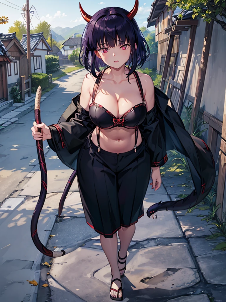 Latex underwear only，Evil的微笑，Banshee，Sharp claws，The tail at the buttocks is like a snake，Black short hair，Purple Eye，Squint your eyes slightly，The eyes are shining with enchanting light，Evil，Two horns，Big breasts，Hips，Suspenders，Red eyeliner，Crop topping，Show your thighs，Showing cleavage，Beautiful curves，crotch pattern，Belly coat of arms，Walking in a Japanese Warring States Village，The villagers looked at her in surprise.，Front view，8k,best quality，