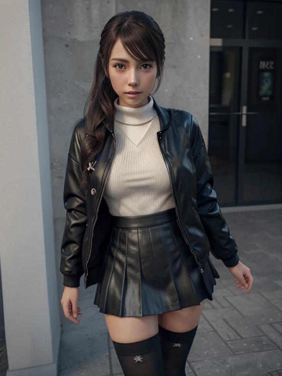 there is a woman in a skirt and a jacket posing for a picture, Surrealism female students, Surrealism female students, Realistic , thighhighs and skirt, photorealistic anime girl rendering, 3 d anime realistic, Smooth anime CG art, photorealistic full body, Photorealistic anime, Realistic anime 3 D style, photorealistic perfect body, wearing skirt and high socks