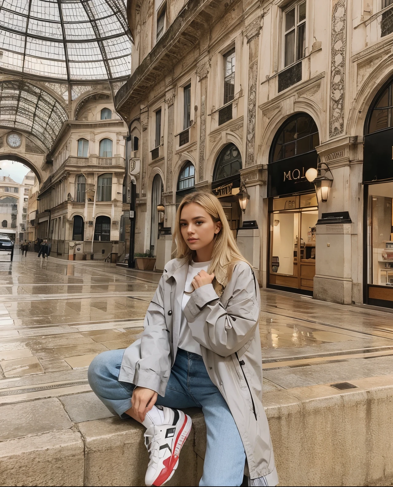 Make blonde Amanda in the same pose wearing an identical outfit in a setting exactly like the one in the photo, cabelo loiro