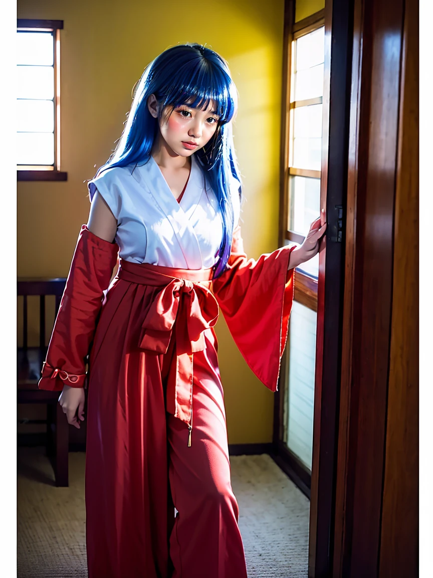 (1 lady), (Best quality at best:1.4), (ultra - detailed), (extremely detailed CG unified 16k), A Beautiful Girl: 1.4, Sharp Focus: 1.2, very detailed, High-definition RAW color photo, professional photoshooting, amazing face and eyes, (amazingly beautiful girl), ((furude rika, girl)), ((japanese clothes, hakama, hakama skirt, detached sleeves, miko, skirt, red hakama)), standing, (stylish inside temple), (look from down), realistic cinematic face, head to feet long wide zoomed out view, full body long view, photorealistic, ((realistic natural blue hair style, bangs, long hair, purple eyes, blush)), extremely beautiful face, perfect beauty, pout mouth, Highly Detailed Face and Skin Texture, Detailed Eyes, Double Eyelids, Small Breasts, cleavages, western, (masterpiece), best quality, high resolution, extremely detailed, blurred background, depth of field, cinematic lighting, amazing legs, high heels, clear and well-cared skin, drinking red wine