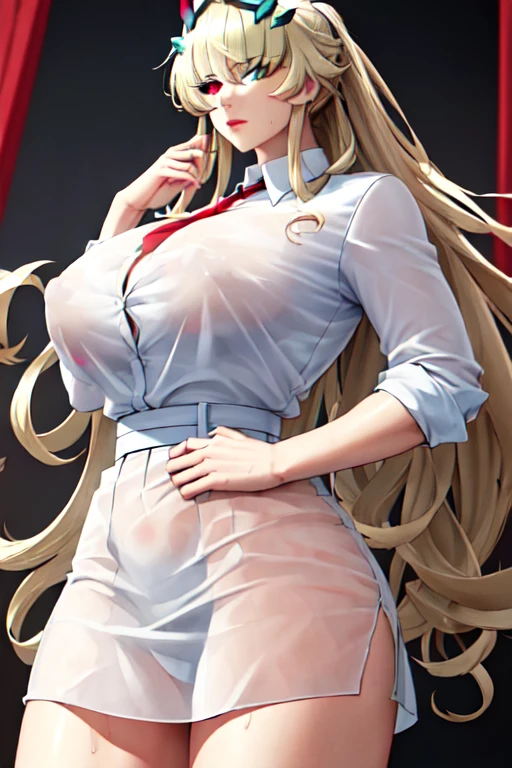 (masterpiece:1.5),(best quality:1.5),(high resolution:1.5),8k,1woman,full body,(perfect face:1.5),(perfect body:1.5),(realistic:1.4),pale skin,(fighter:1.5),blonde long hair,cool face,(heterochromia green and red eyes:1.5),(large breasts:1.2),(large ass:1.2),small nipples,stand,{Black business suit:1.40}, {tie:1.20}, {White shirt:1.1}, {Black Skirt:1.5},(FGO:1.3),(white shirt see through:1.3),sweat,looking at viewer,
