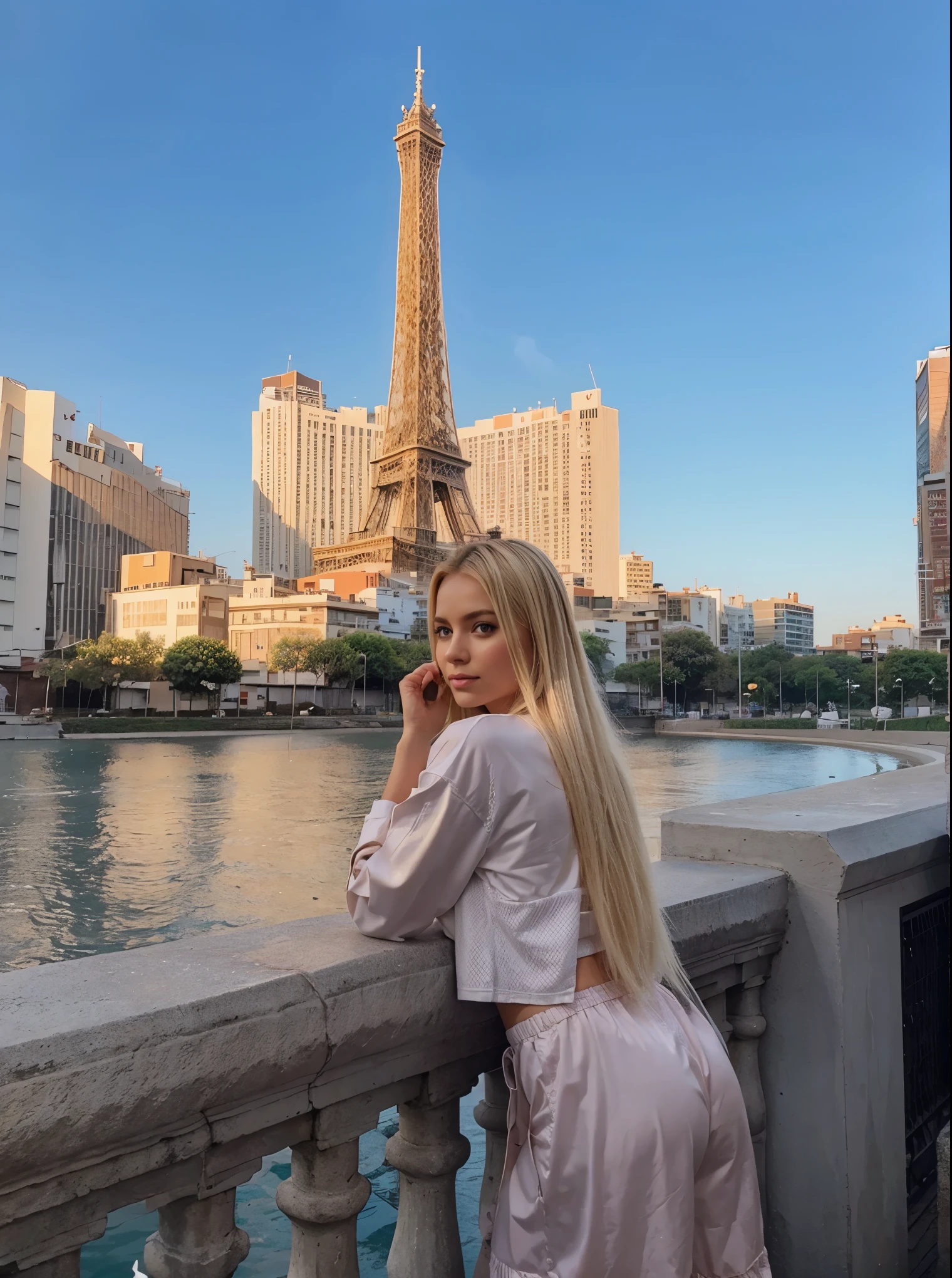 Make blonde Amanda in the same pose wearing an identical outfit in a setting exactly like the one in the photo, cabelo loiro, bunda grande 