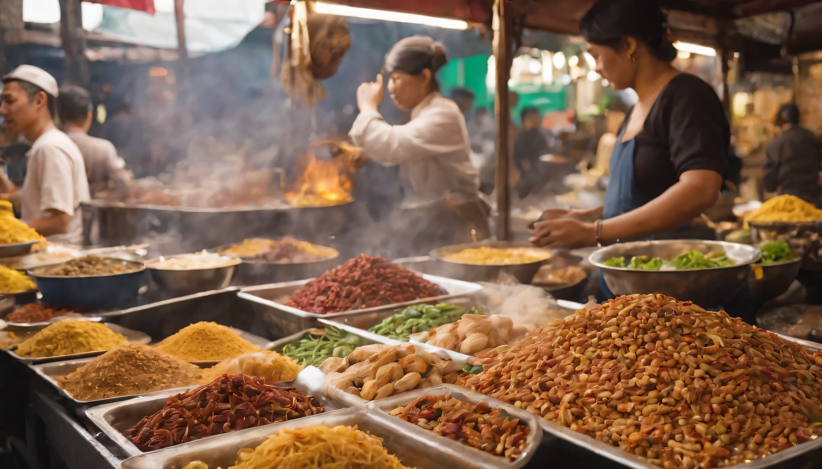 Street food vendors in a bustling Asian market, sizzling woks, aromatic spices, colorful food stalls, crowded alleyways, street vendors calling out their specialties, vibrant cultural experience, authentic local cuisine, bustling energy, sensory overload.