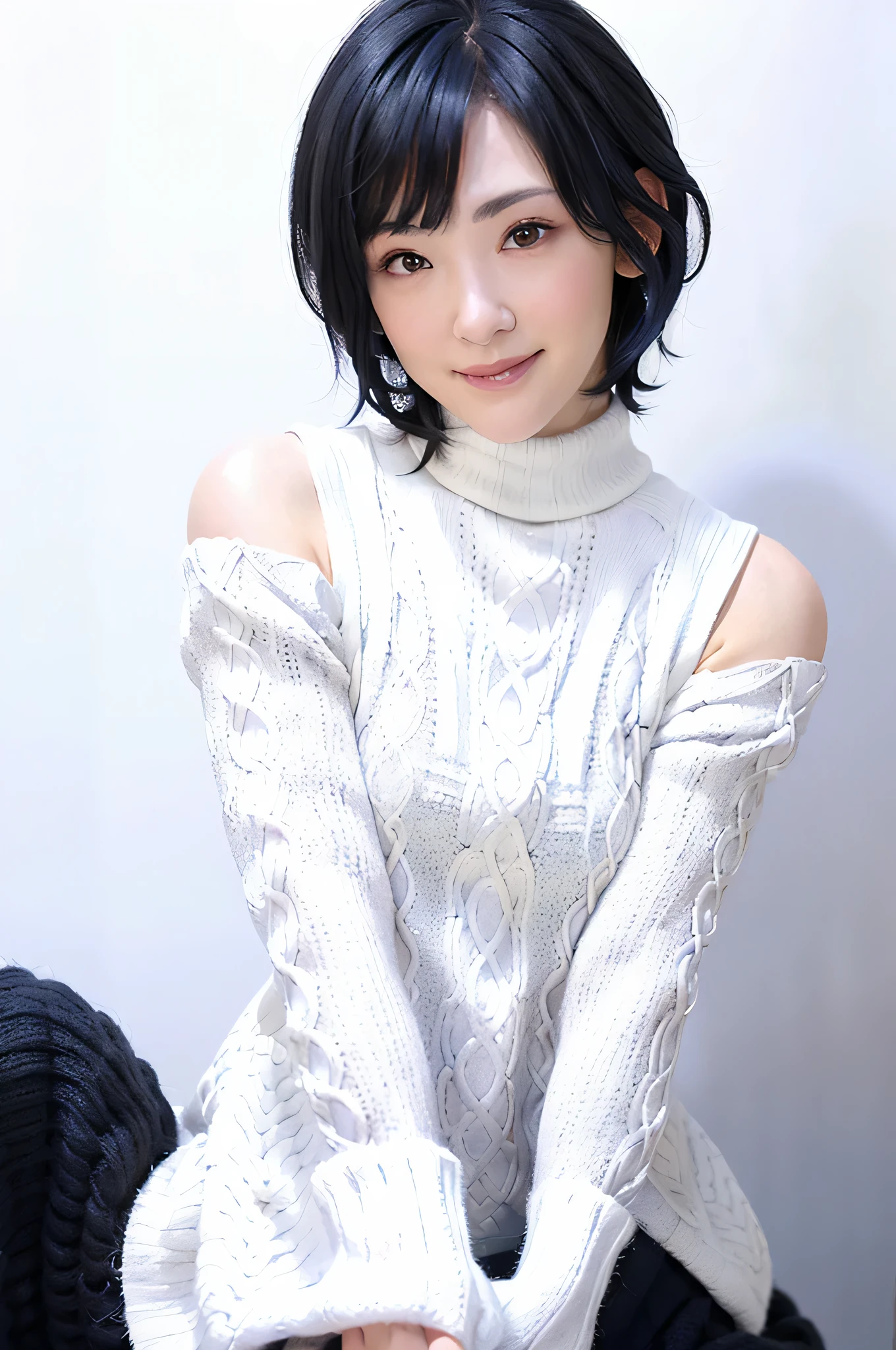 full body, (turtleneck cable knit oversize sweater dress:1.2), , 1girl,solo,
(8k, RAW photo, best quality, masterpiece:1.3),(realistic, photo-realistic:1.37),realistic skin texture,(photorealistic:1.3),(hyperrealistic:1.2), (short hair:1.4) , leaning forward, (white colored clothes:1.7), (bright-blue hair:1.4), (seducting smile:1.4), (detached sleeves:1.4), (cheek dimples:1.4)