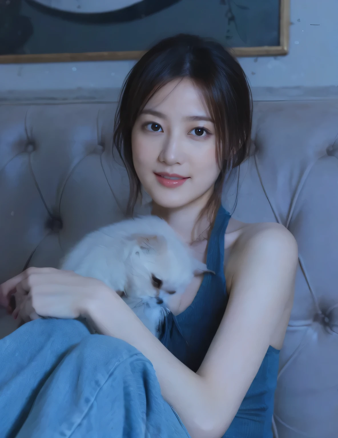 (on the table, best quality, Realistically, Ultra Detailed, meticulous, high resolution, 8k wallpaper), Close-up portrait of a beautiful woman, like, Smile, Light brown messy hair, Perfect dynamic composition, beautiful meticulous eyes, Just like the cover of a fashion magazine, On Campus