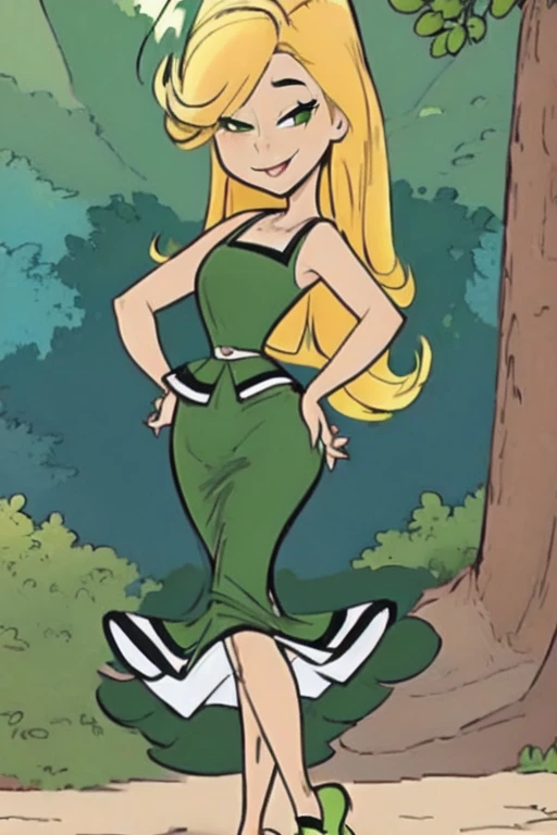 1girl, solo, blonde hair, long hair, dress, green dress, full body, hands on hips, forest, river, standing, shoes, bare shoulders, green footwear, smile, wink