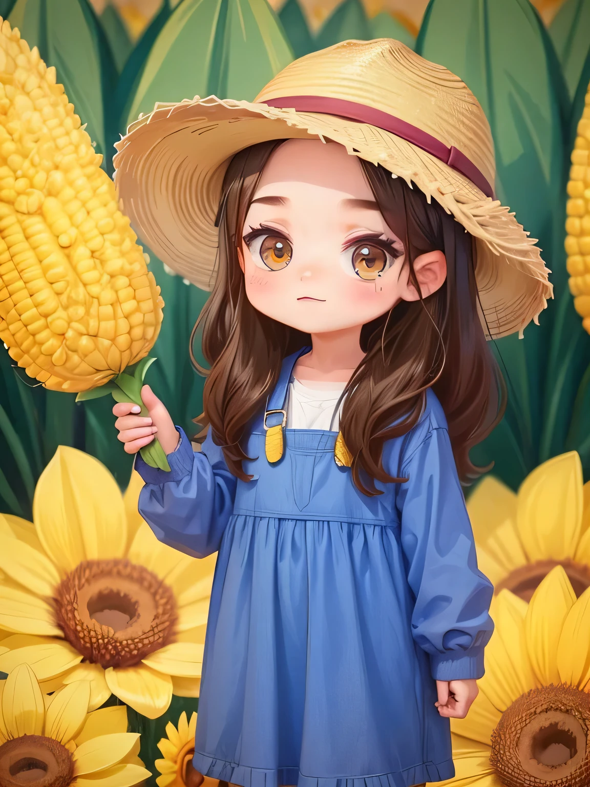 （pixar style 1.25）Happy little farm girl，Wearing a straw hat，Holding a big corn in his arms，The girl has an Asian face，No background，Only a solid color background。