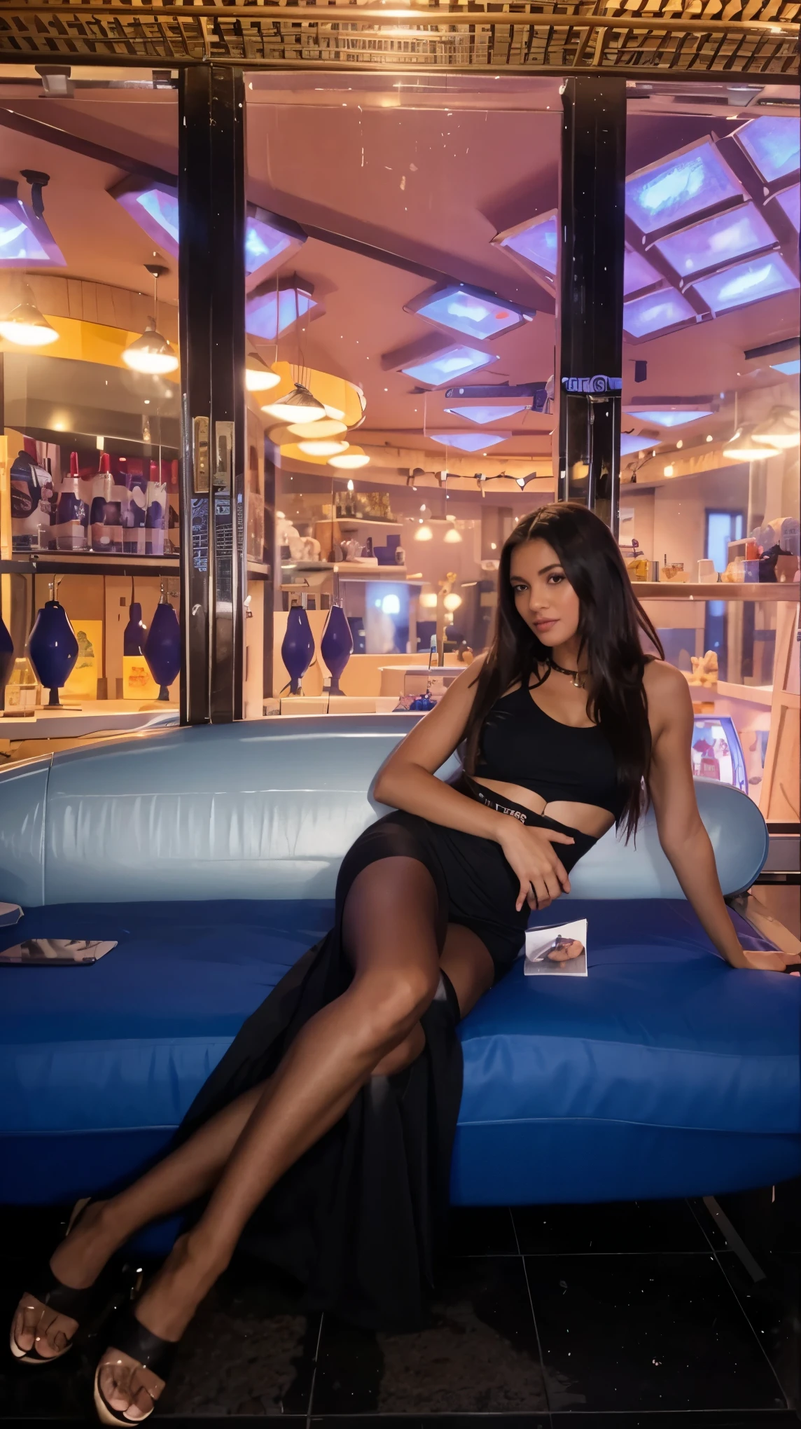 Make Larissa in this same pose wearing an identical outfit in a setting exactly like the one in the photo, cabelo castanho escuro