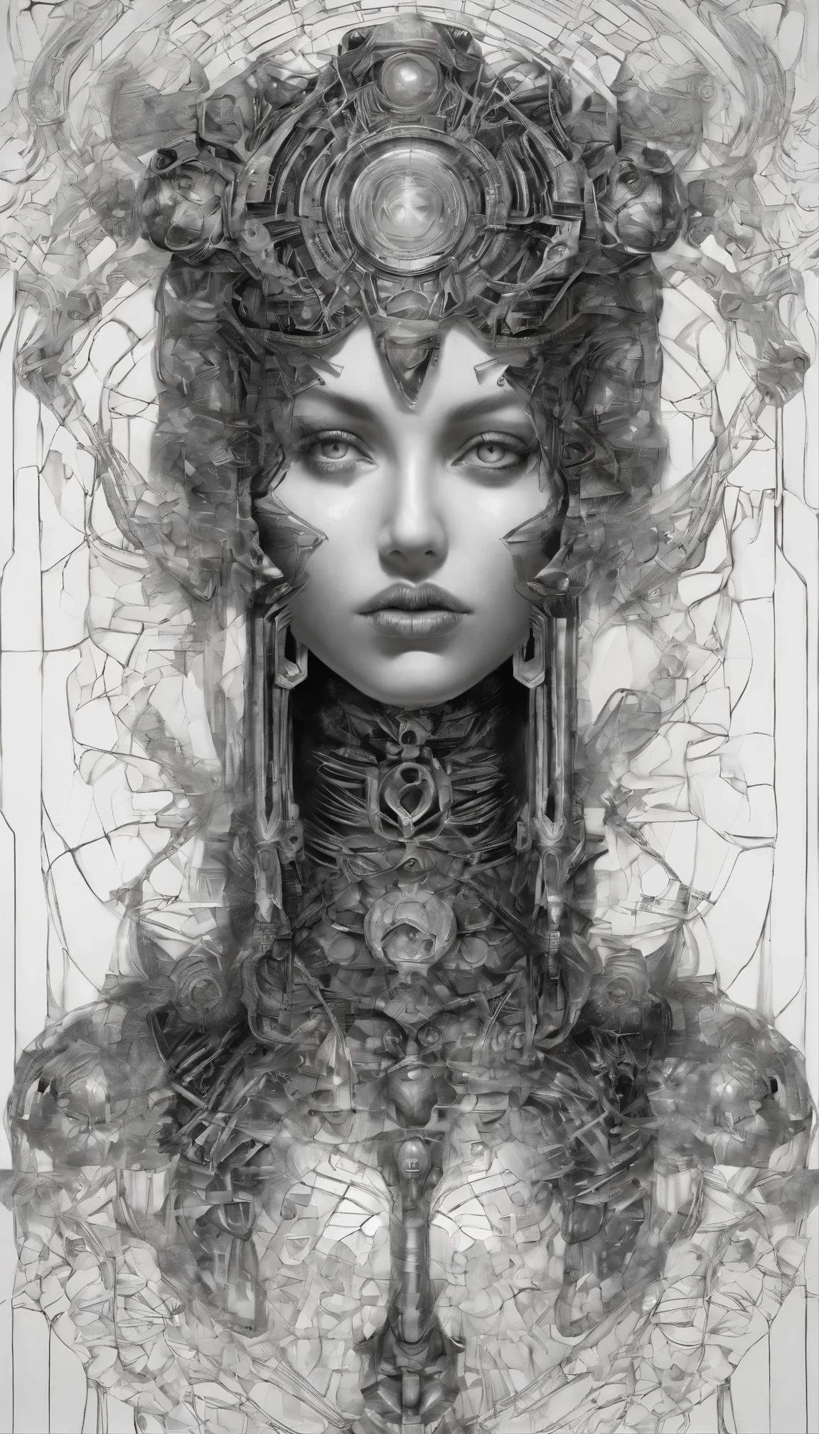 Futurism Native Futurism,Actress Gulnazar plays advanced cybernetic breasts, Japanese war goddess, Sexy,artistic details,Cyberpunk Indian Mythology,Epic Science Fiction Fantasy, Center,In the style of Nick Alm&#39;s fantastical futuristic fantasy works, dark prism, dark, Metallic components, Symmetrical arrangement, iridescent metallic , Unique nose, Ethereal,Blood splattered colorfully, 引人注目的Metallic components, Symmetric geometry, Unique nose, Gothic reference, With thick lines and black stripes,White,Red, gold and silver, Fantasy and Science Fiction Art, a detailed painting, ,Alex Alemany (Alex Alemanni) With Carol Buck (Carol Barker) merge