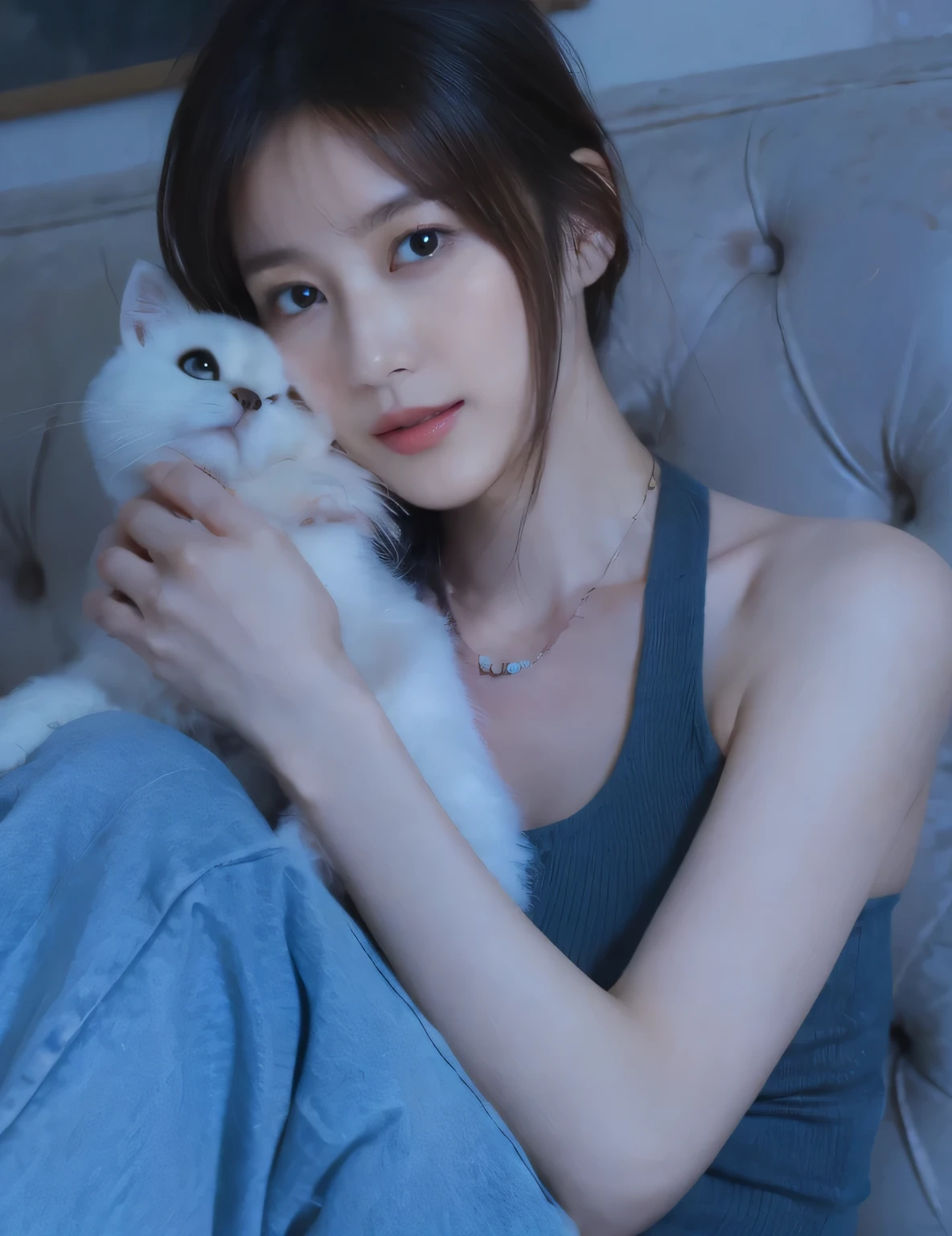 (on the table, best quality, Realistically, Ultra Detailed, meticulous, high resolution, 8k wallpaper), Close-up portrait of a beautiful woman, like, Smile, Light brown messy hair, Perfect dynamic composition, beautiful meticulous eyes, Just like the cover of a fashion magazine, On Campus