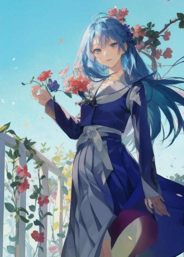 anime girl with long blue hair and a dress holding a flower, with flowers, inspired by Eizan Kikukawa, zerochan art, she is the center of the garden, holding flowers, , official art, by Eizan Kikukawa, inspired by Munakata Shikō, by Shingei, in garden，Begonia flowers，Railing vine sailor suit pleated skirt